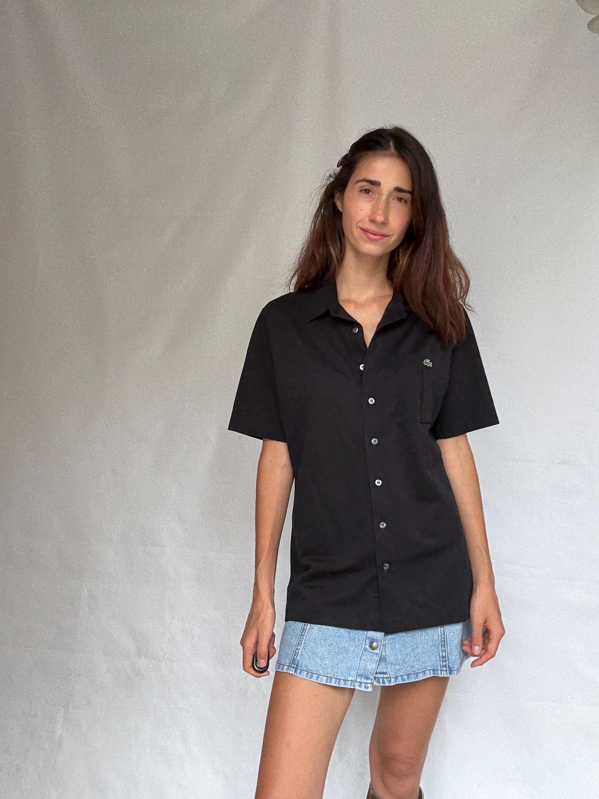 Vintage black Lacoste polo button up shirt, classic fit minimalist elegant style, Size XL, casual streetwear,
