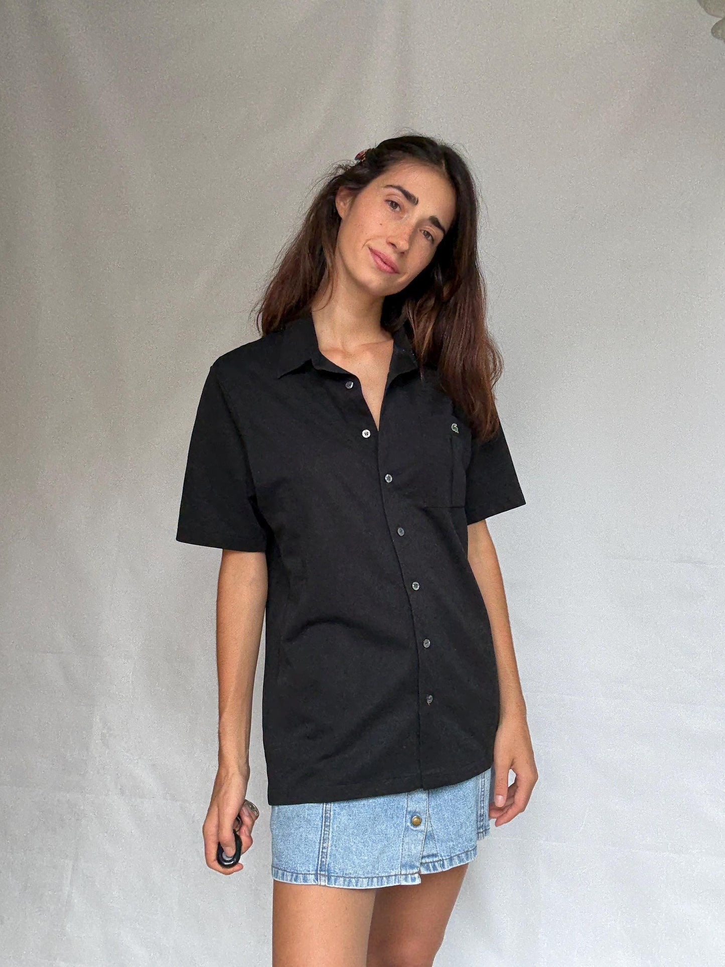 Vintage black Lacoste polo button up shirt, classic fit minimalist elegant style, Size XL, casual streetwear,