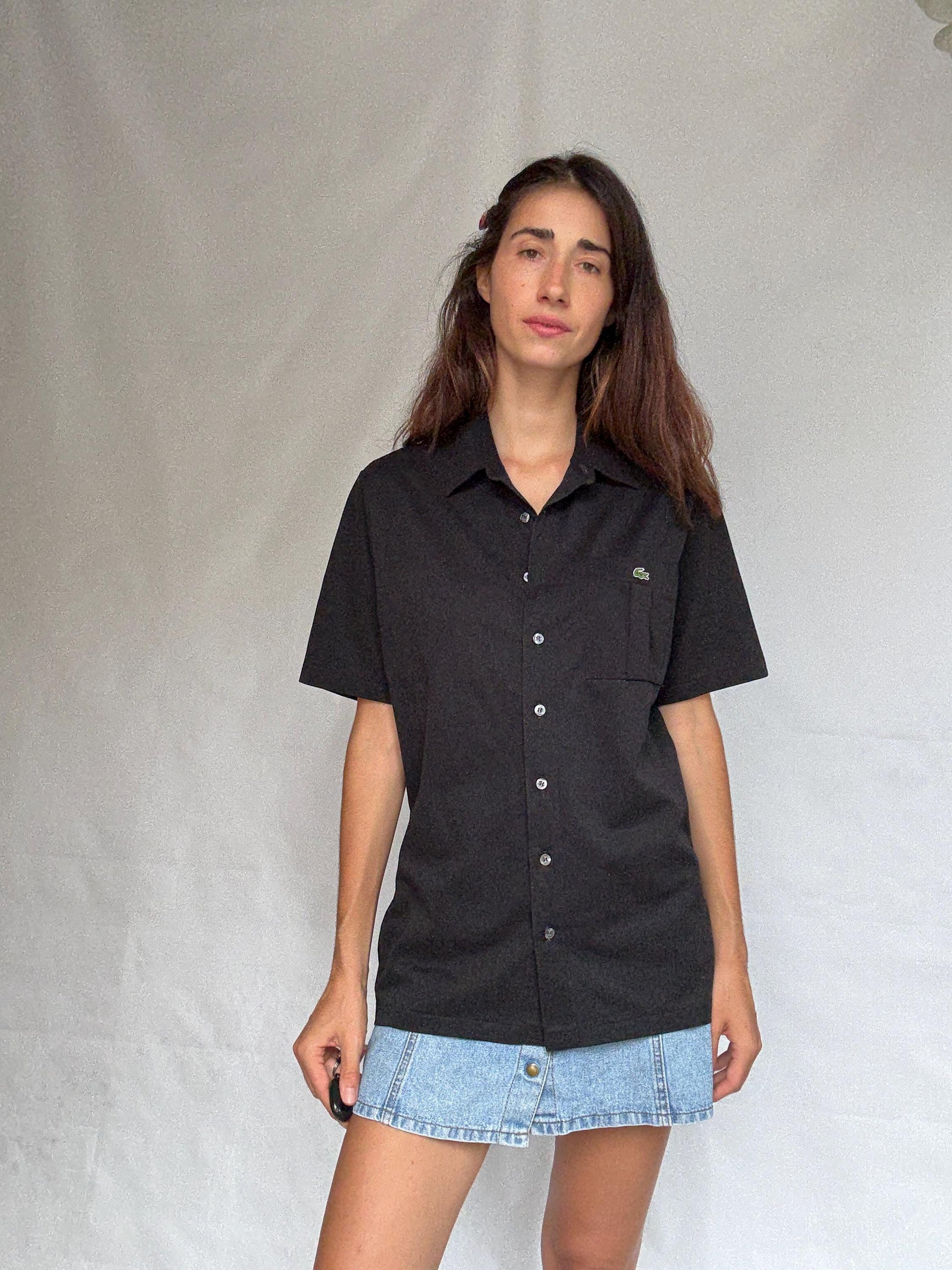 Vintage black Lacoste polo button up shirt, classic fit minimalist elegant style, Size XL, casual streetwear,