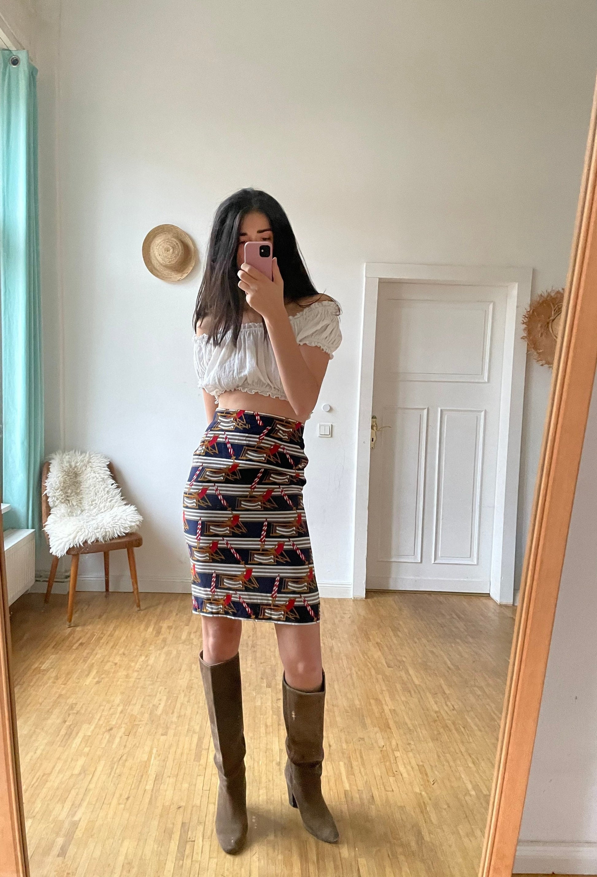 Vintage Maritime Midi Skirt Retro Pencil Skirt with Beach Pattern Sustainable Women’s Fashion Secretary Outfit S