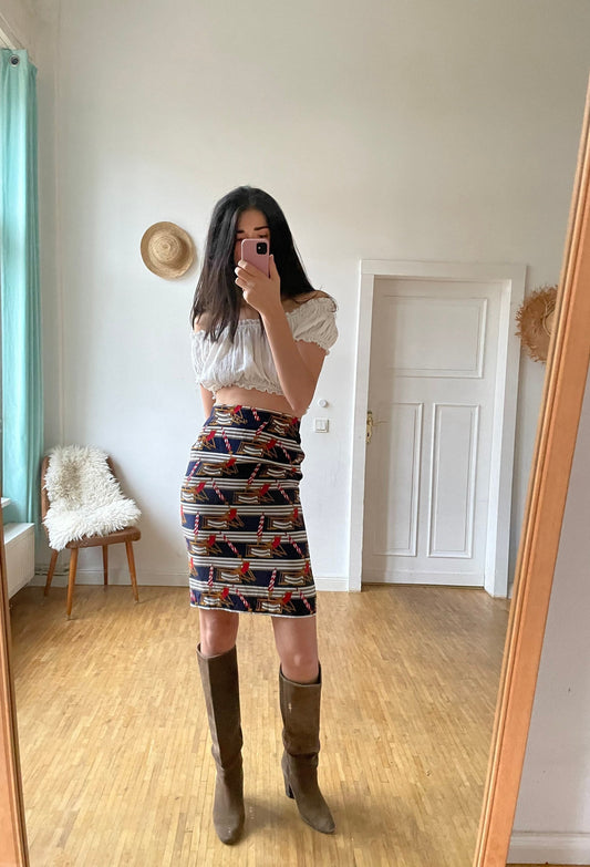 Vintage Maritime Midi Skirt Retro Pencil Skirt with Beach Pattern Sustainable Women’s Fashion Secretary Outfit S