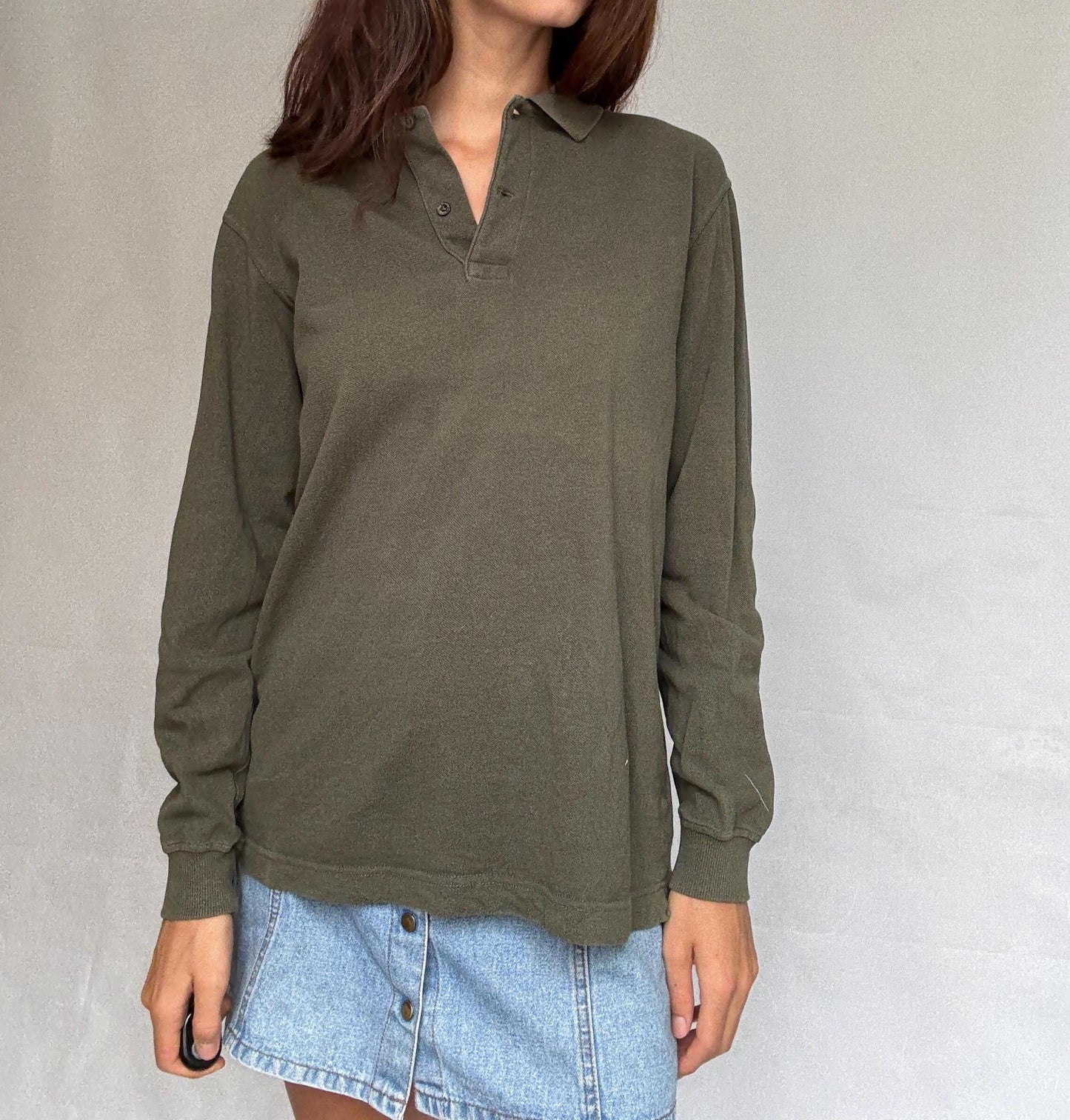 Vintage moss green Emidio Tucci polo shirt, cotton, regular fit, three, button placket, minimalist style, US XL, casual daywear,