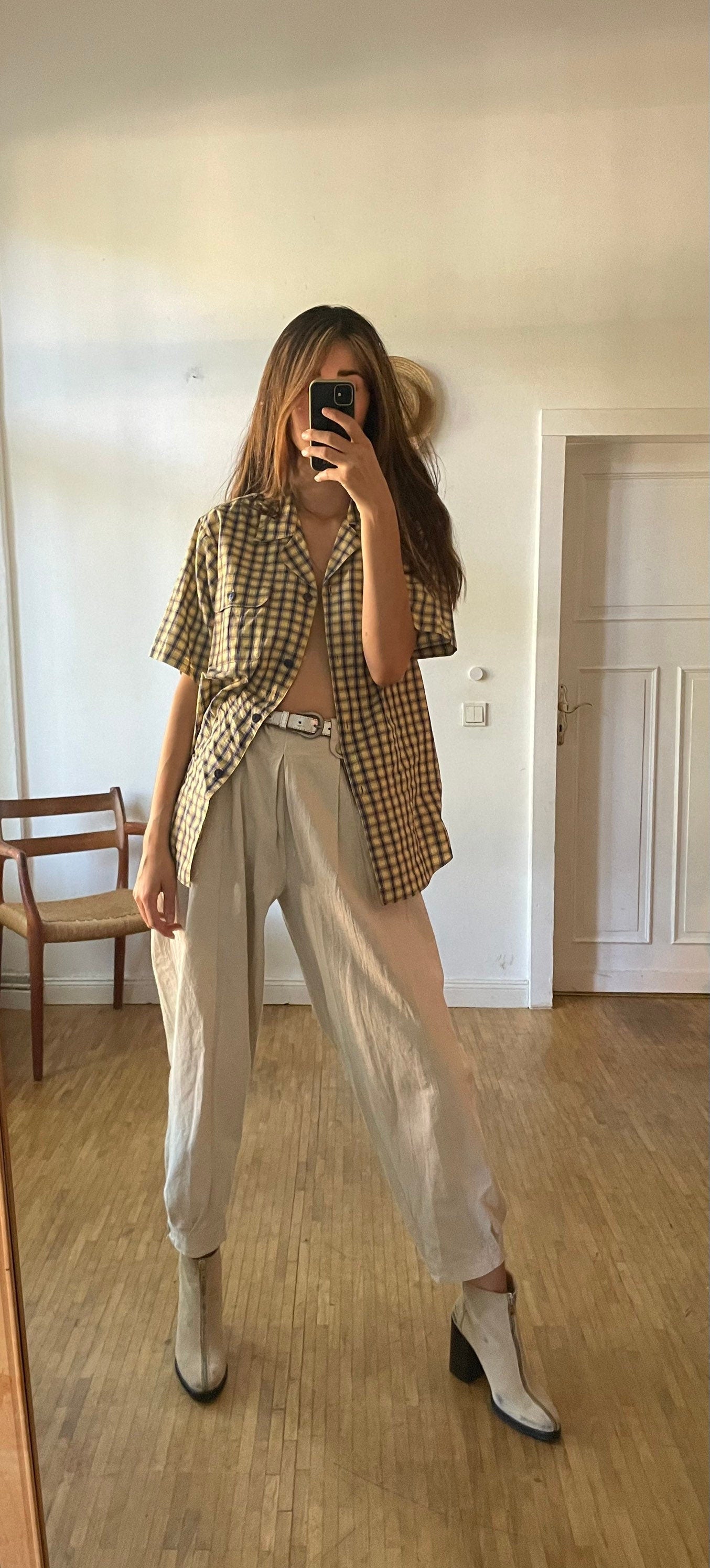 Vintage Plaid Blouse Women’s Cotton Summer Shirt, Light Academia Oversized Prairie Button-Up, Yellow & Black Checkered Top, Size M/L