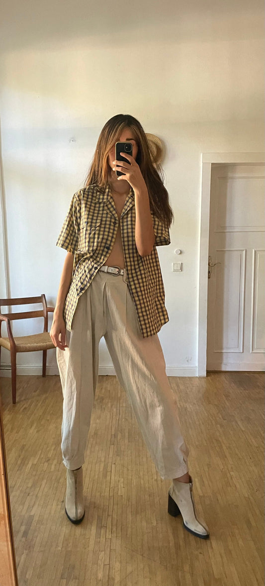 Vintage Plaid Blouse Women’s Cotton Summer Shirt, Light Academia Oversized Prairie Button-Up, Yellow & Black Checkered Top, Size M/L