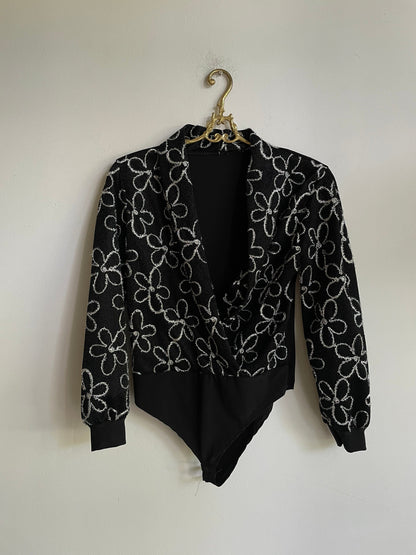 80s Vintage Glitter Floral Leotard