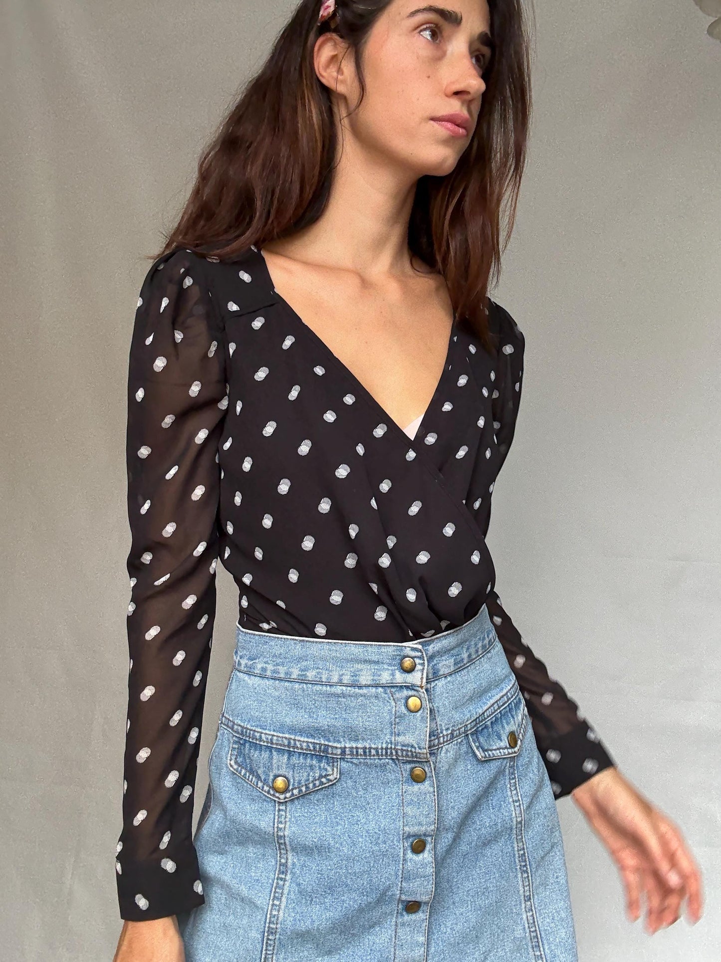 Guess Los Angeles black polka dot bodysuit, v neck top, XS