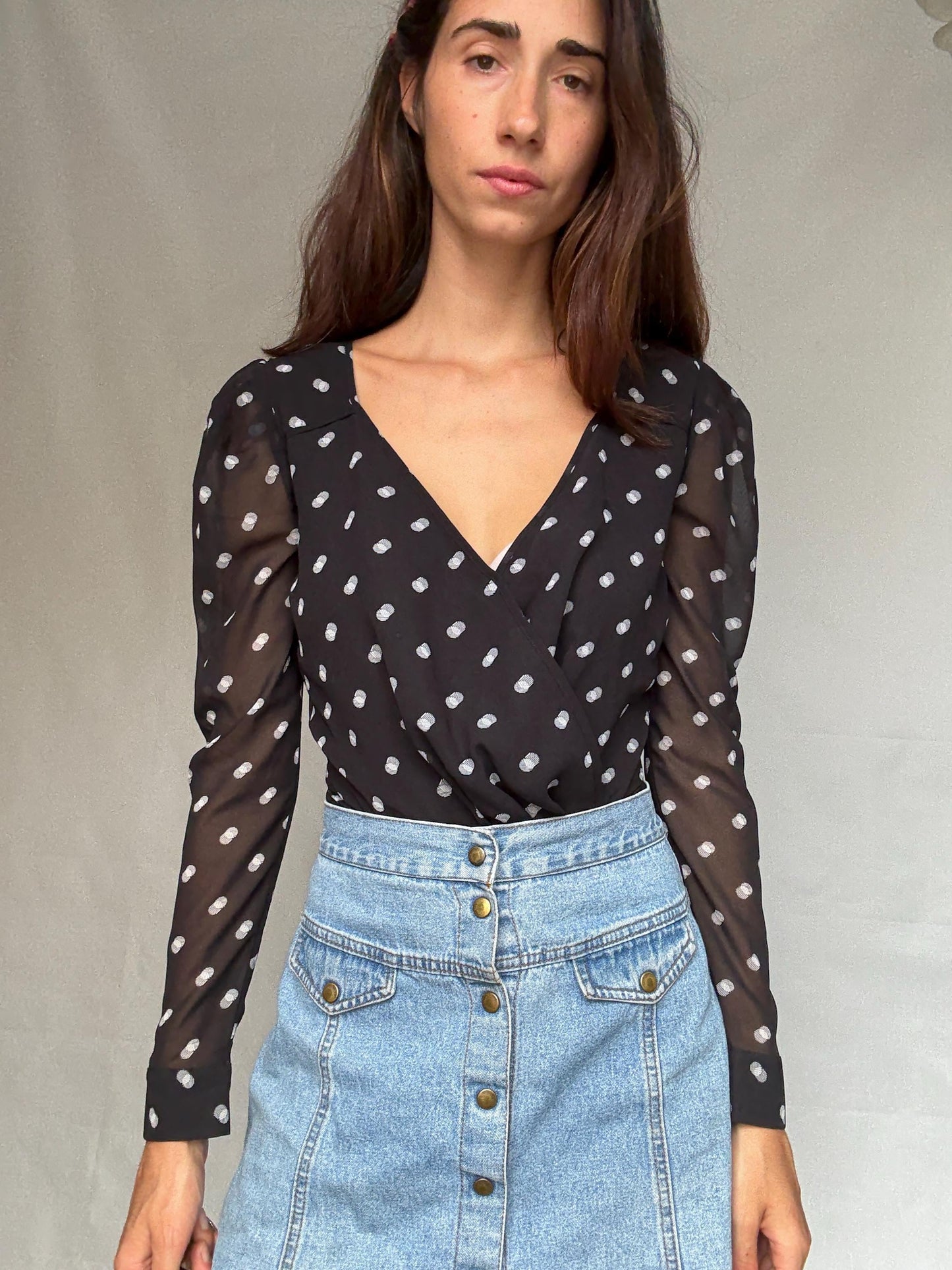 Guess Los Angeles black polka dot bodysuit, v neck top, XS