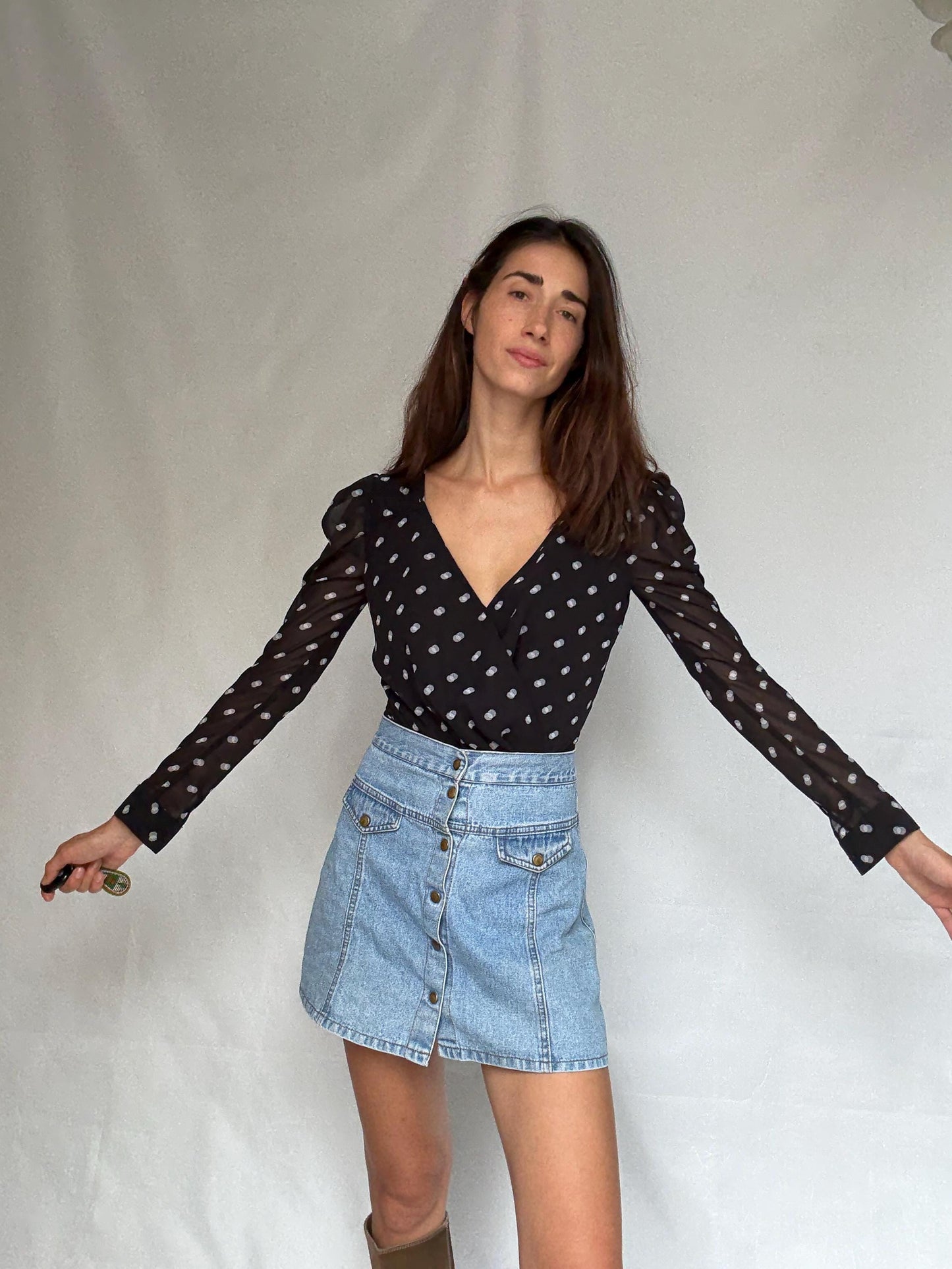 Guess Los Angeles black polka dot bodysuit, v neck top, sheer sleeves, back zipper, elegant, US XS, evening chic