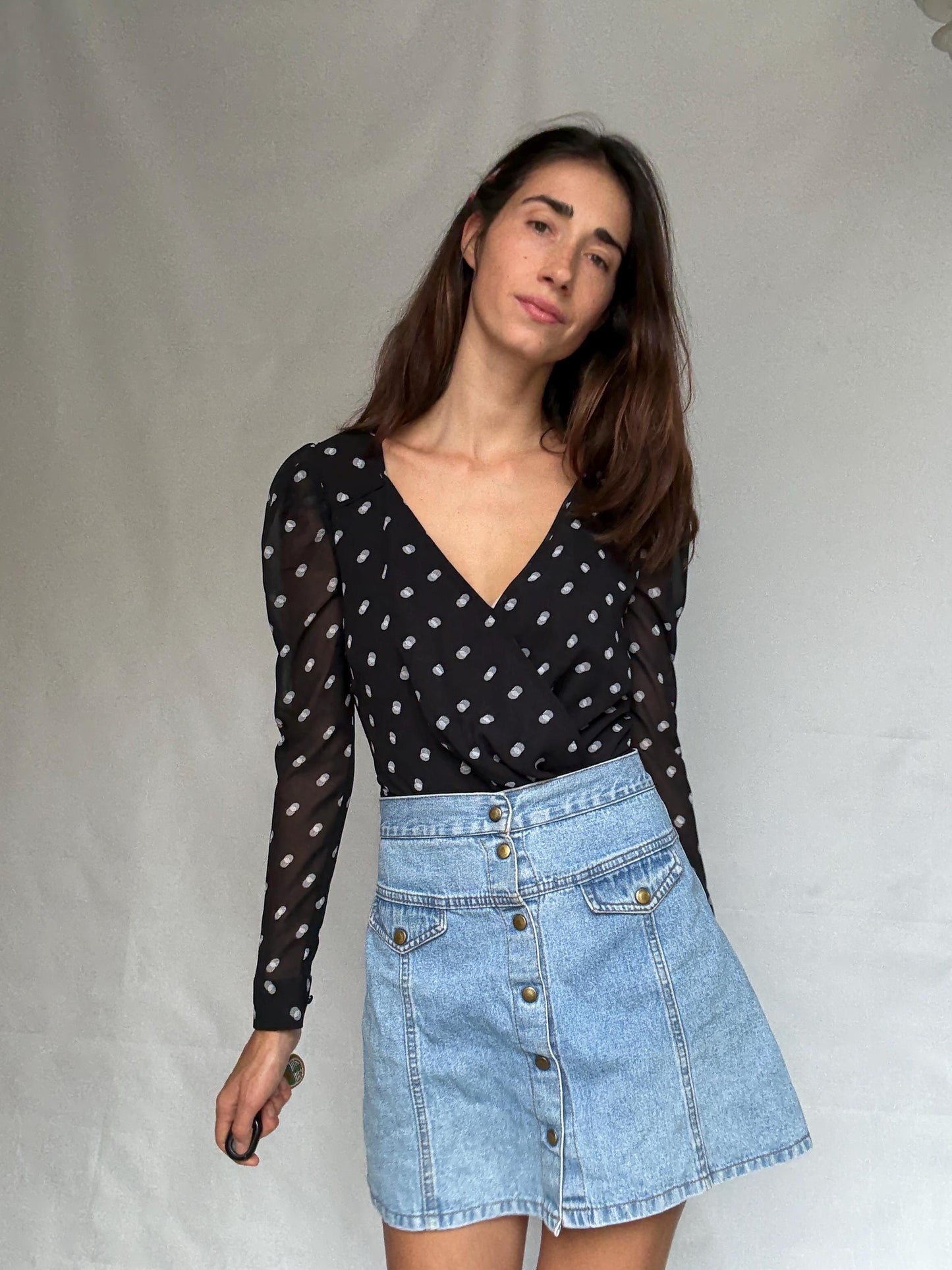 Guess Los Angeles black polka dot bodysuit, v neck top, XS