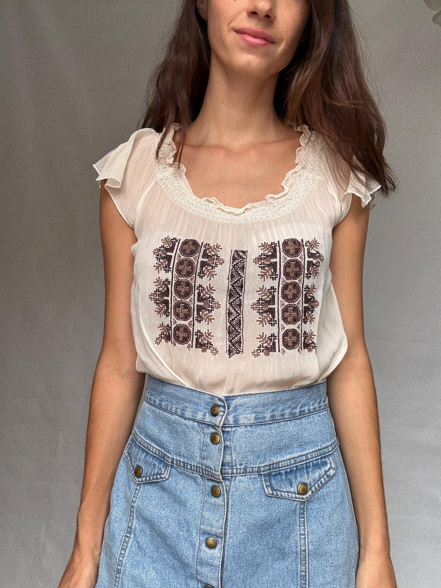 Vintage sheer embroidered blouse with round neckline, cottagecore bohemian see through festival top, casual daywear, Size XS