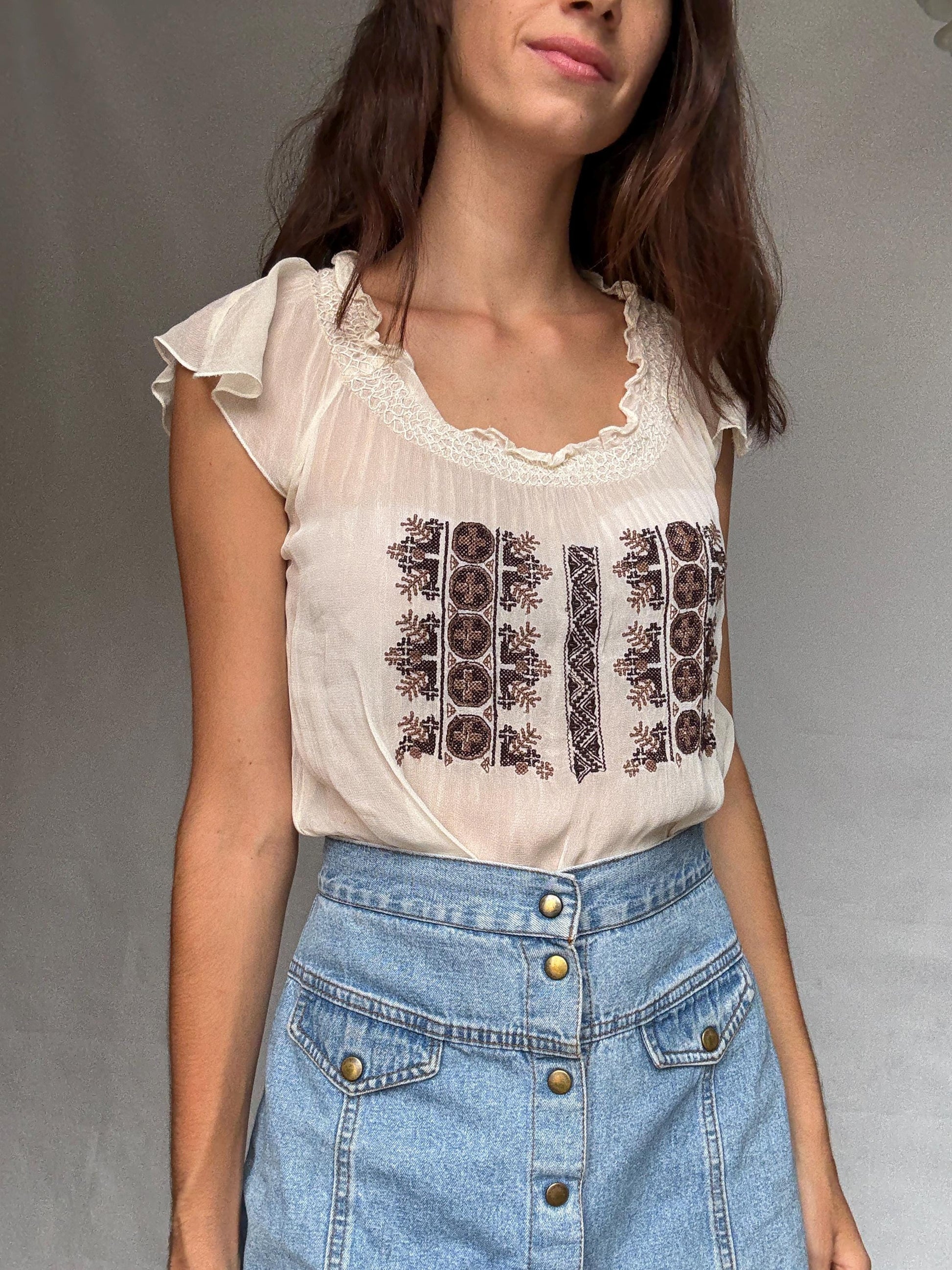 Vintage sheer embroidered blouse with round neckline, cottagecore bohemian see through festival top, casual daywear, Size XS