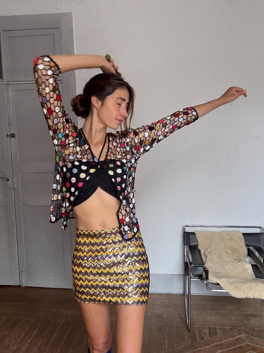 Sequin Mini Skirt – Vintage Party Skirt in Zigzag Gold Sparkle, Festive Y2K Night Out Piece, Size L, NYE/Christmas Look