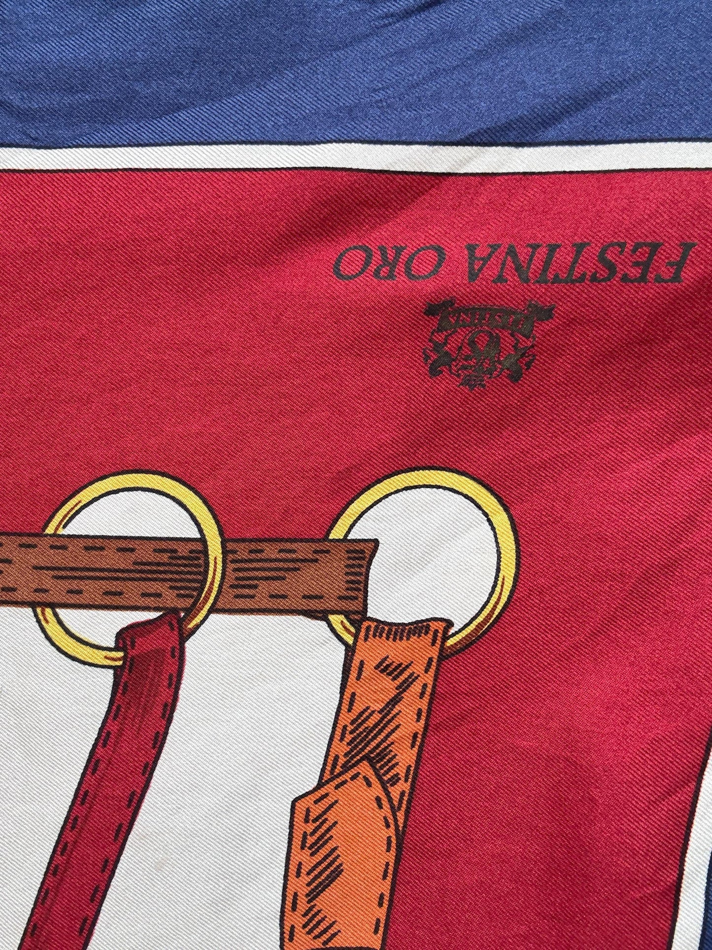 Festina Oro red white blue silk wrap, 100% silk, versatile styling, intricate gold chain motif, vintage chic, Luxury designer wear