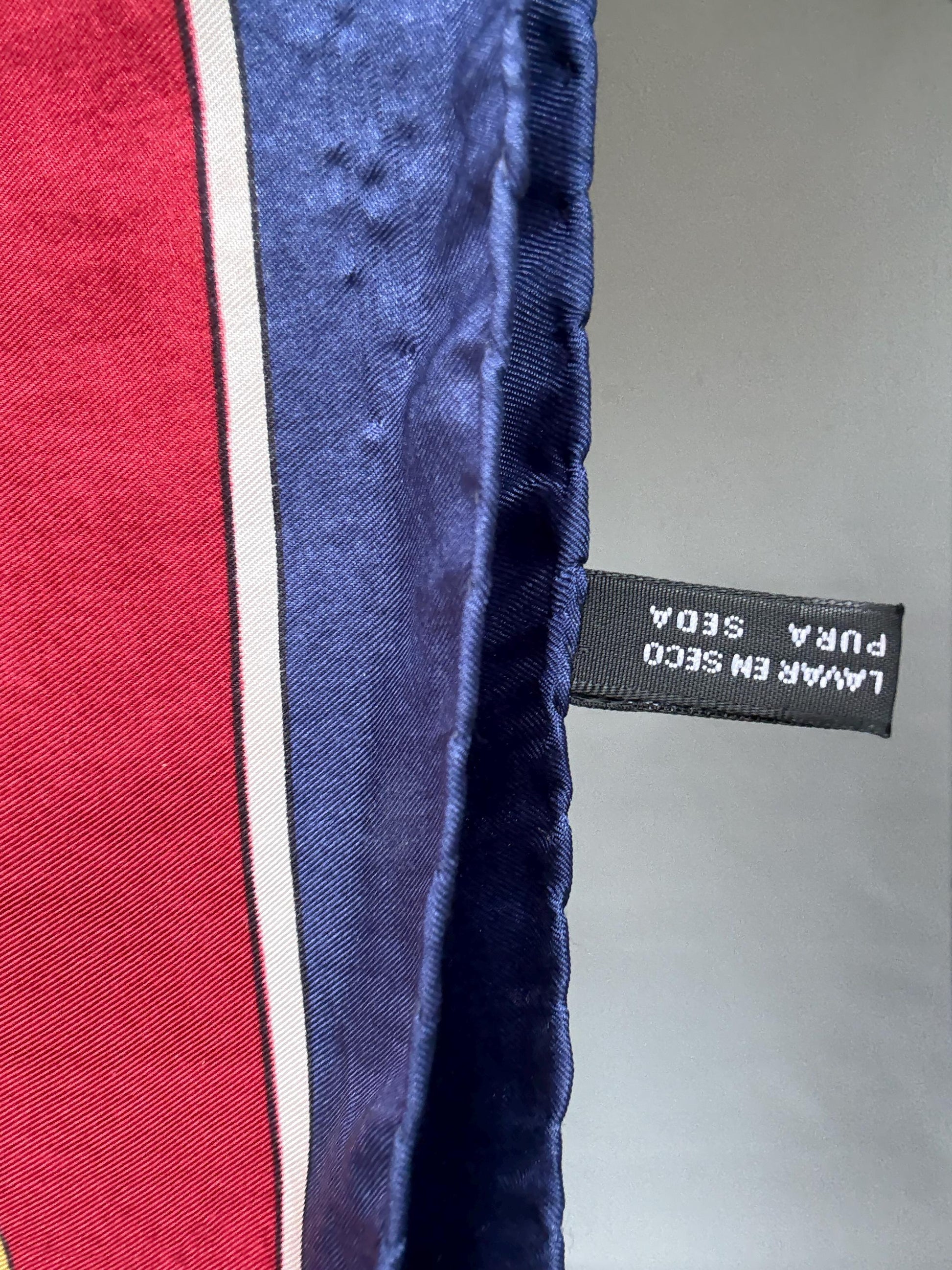 Festina Oro red white blue silk wrap, 100% silk, versatile styling, intricate gold chain motif, vintage chic, Luxury designer wear