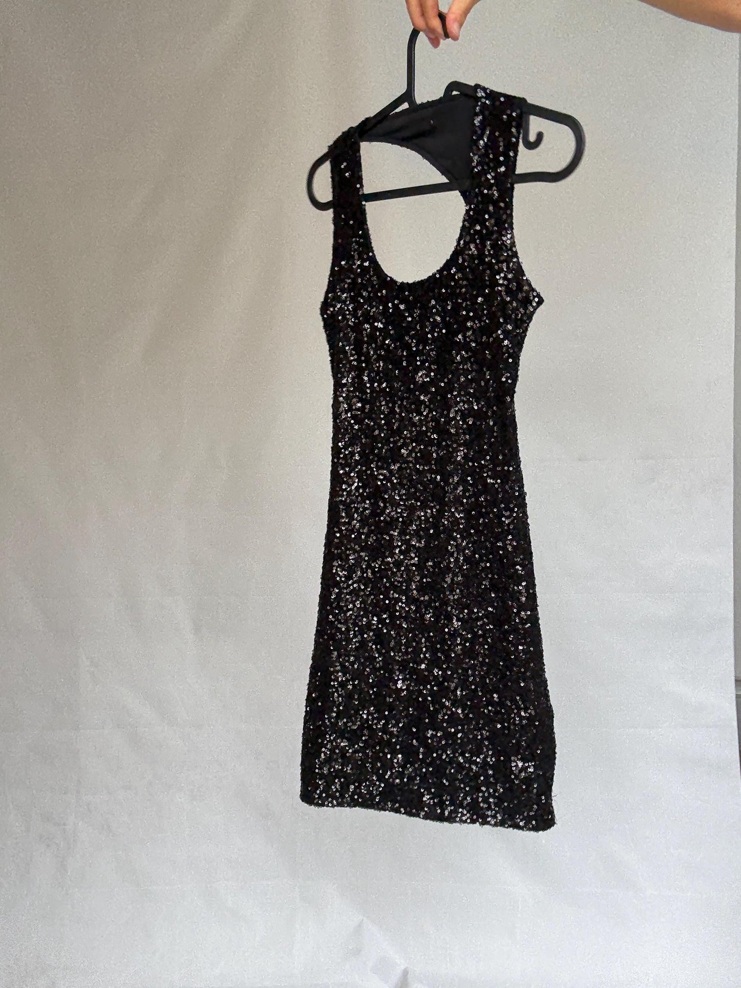 Sexy Black sequin mini dress with open back, Festive fitted hourglass figure silhouette, Assymetrical sparkly detail, y2k party glamour