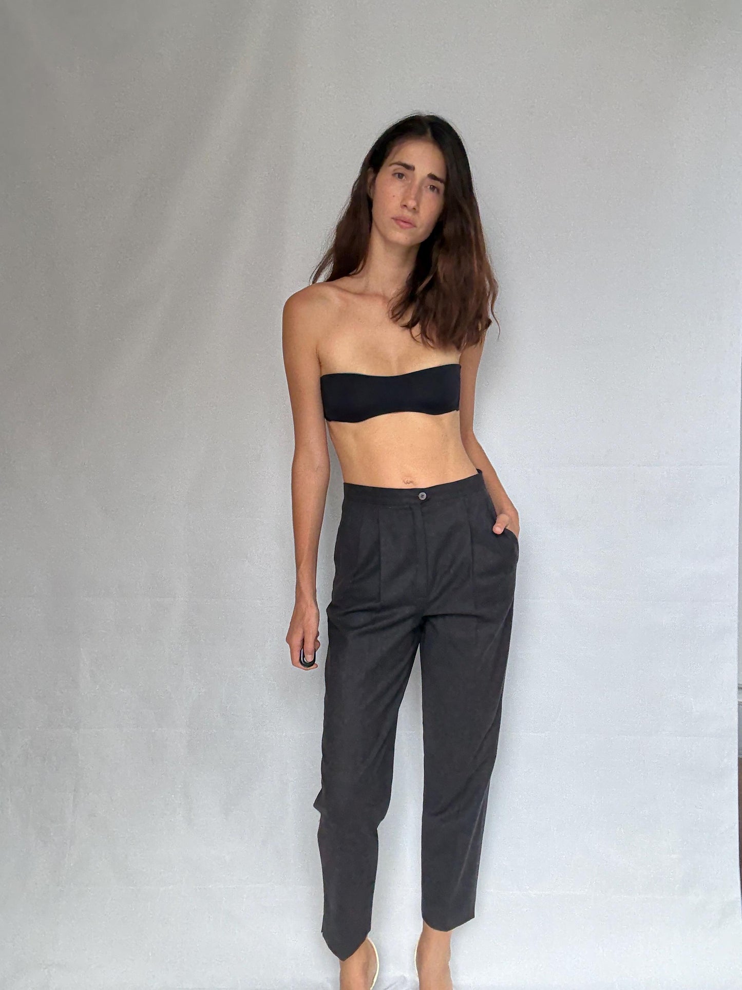 Vintage dark grey trousers, Pure virgin wool high waist tapered fit pants, pleated front dark academia wear, US S, smart winter wear fashion