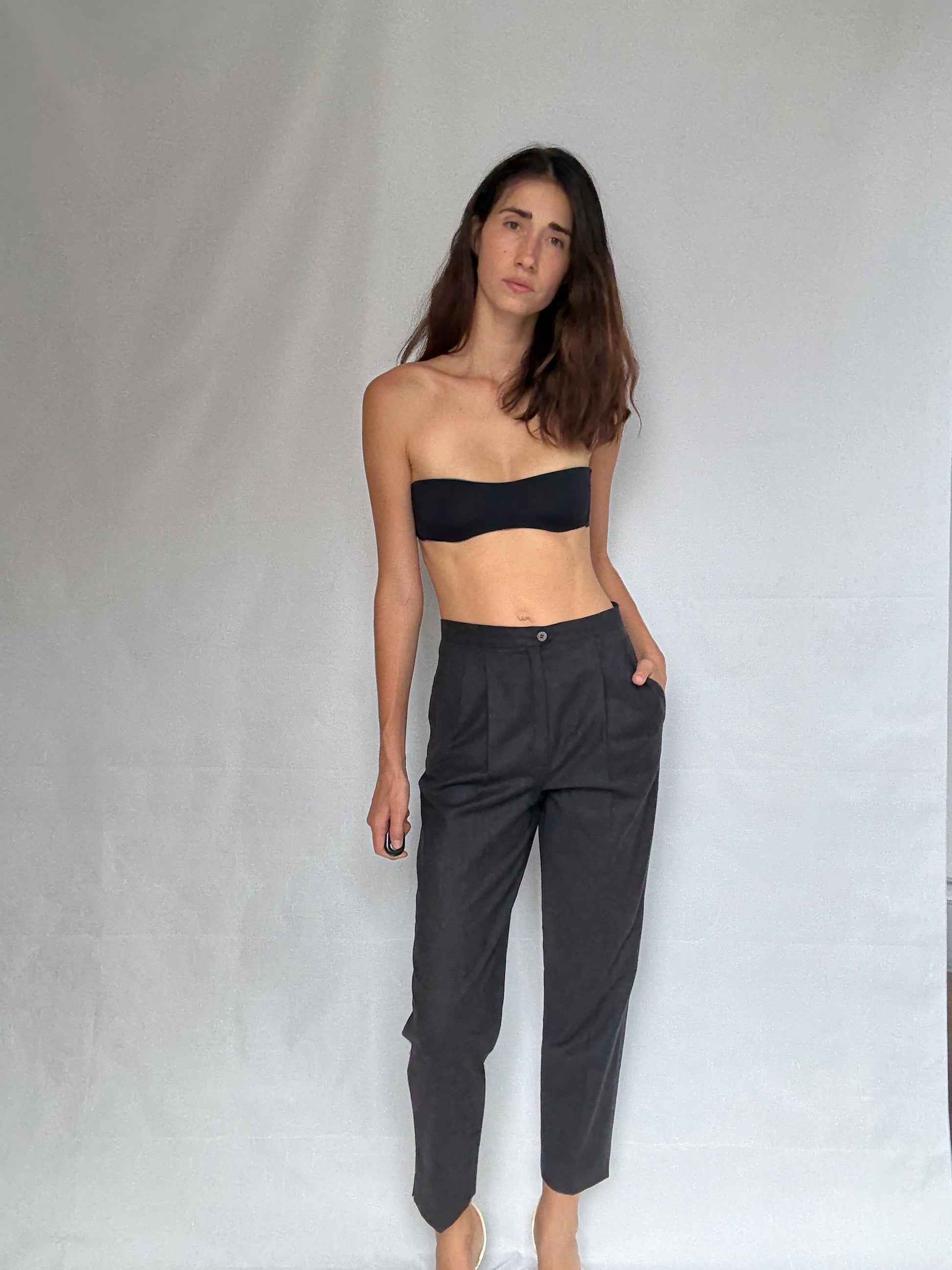 Vintage dark grey trousers, Pure virgin wool high waist tapered fit pants, pleated front dark academia wear, US S, smart winter wear fashion