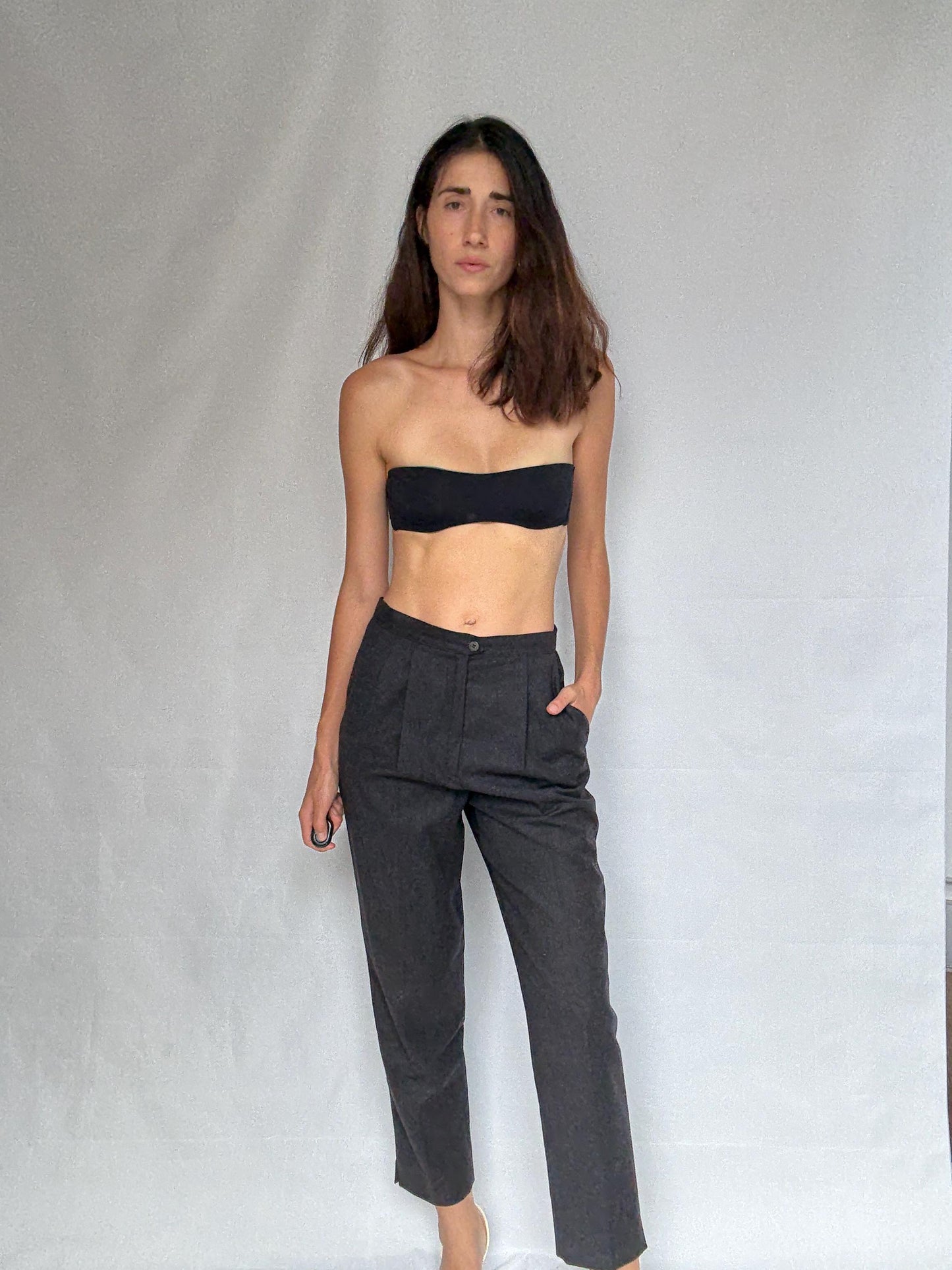 Vintage dark grey trousers, Pure virgin wool high waist tapered fit pants, pleated front dark academia wear, US S, smart winter wear fashion