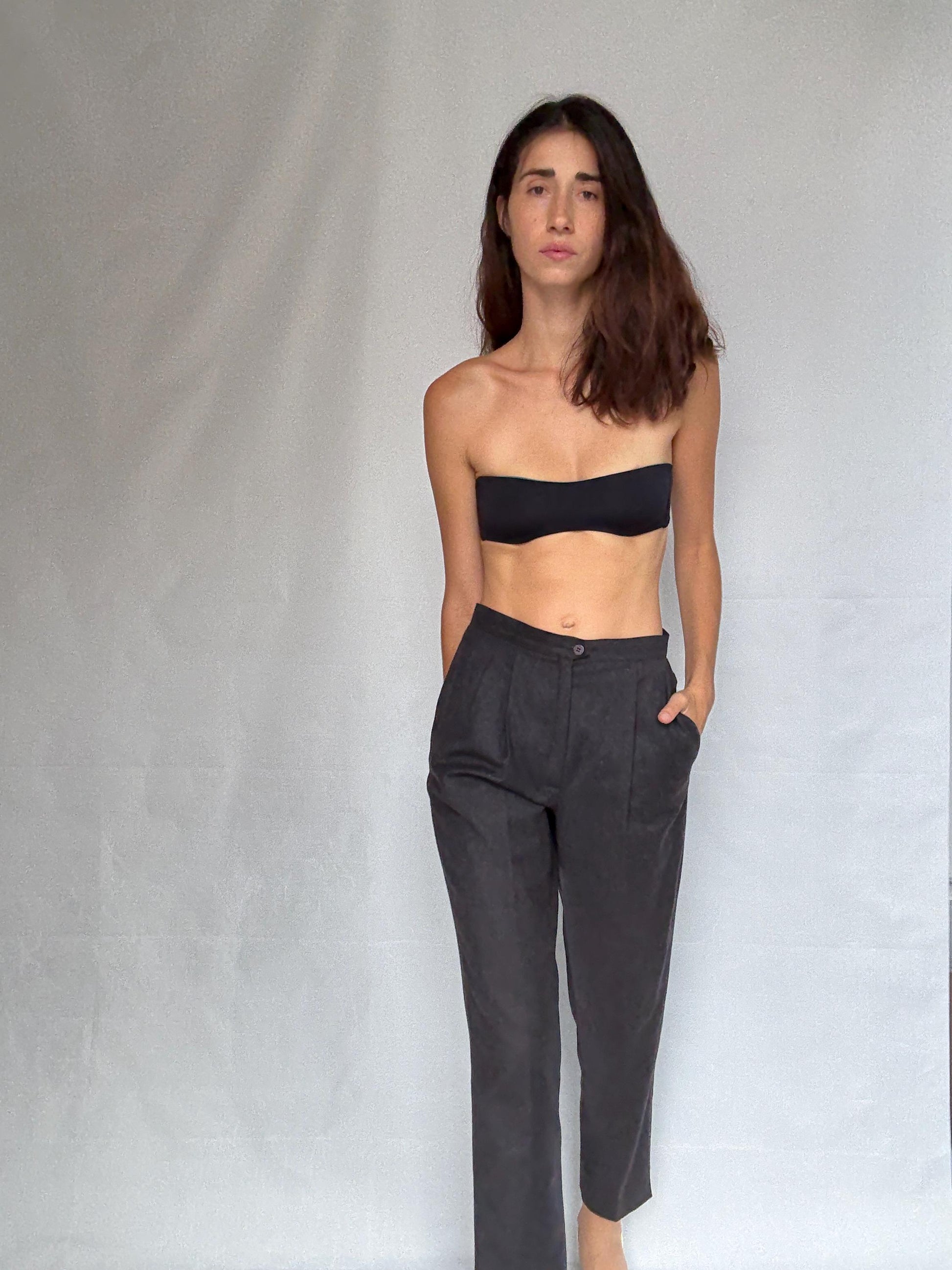 Vintage dark grey trousers, Pure virgin wool high waist tapered fit pants, pleated front dark academia wear, US S, smart winter wear fashion