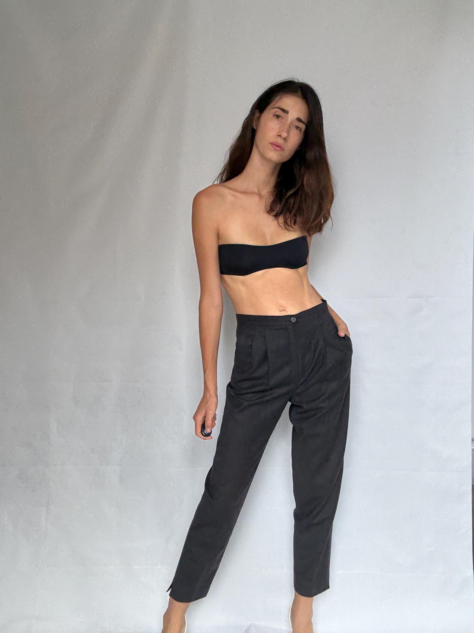 Vintage dark grey trousers, Pure virgin wool high waist tapered fit pants, pleated front dark academia wear, US S, smart winter wear fashion