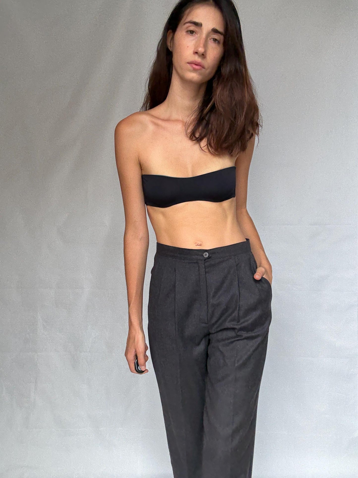 Vintage dark grey trousers, Pure virgin wool high waist tapered fit pants, pleated front dark academia wear, US S, smart winter wear fashion