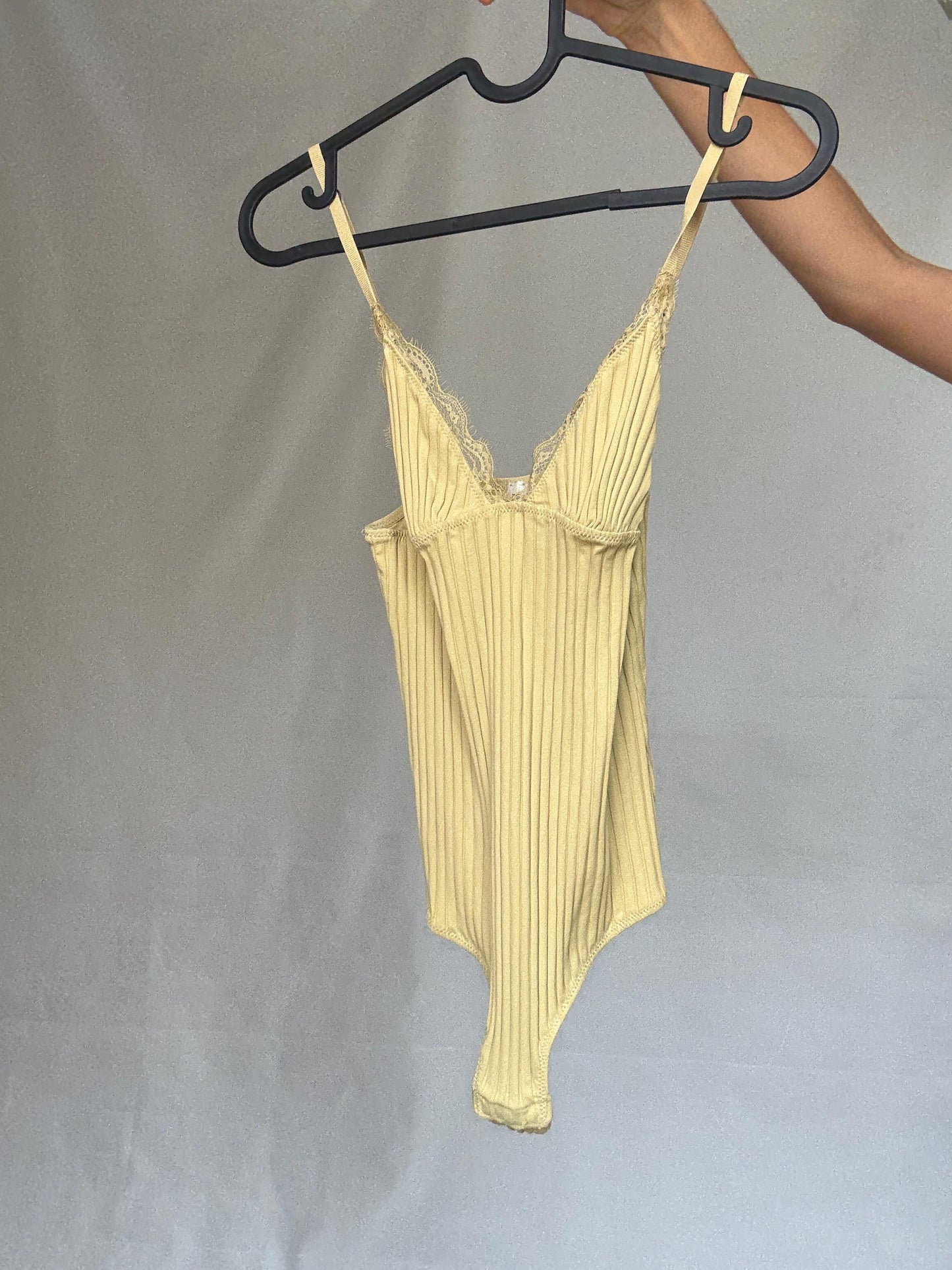 Yellow lace trimmed lingerie bodysuit, Size XS - S