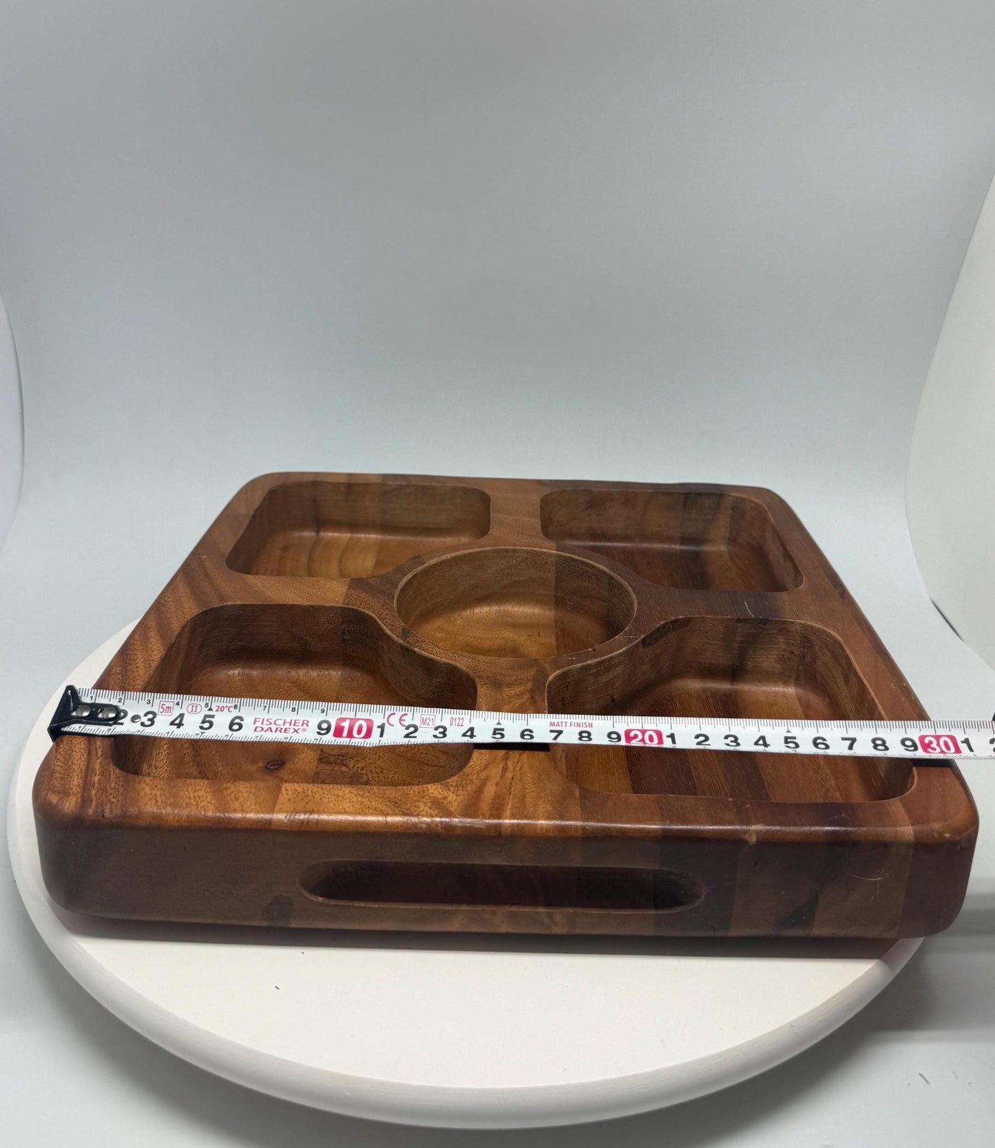 Vintage wood serving tray, rich natural wood with rounded edges, versatile compartments, retro 80s waldorf, artistic display