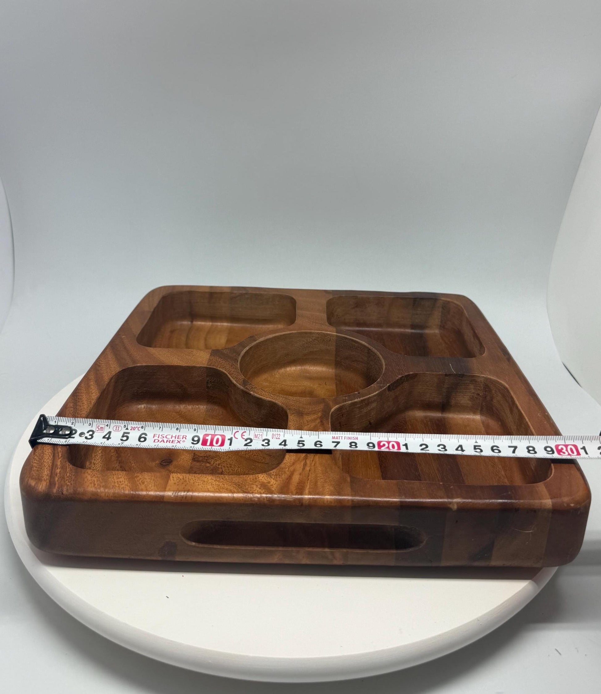 Vintage wood serving tray, rich natural wood with rounded edges, versatile compartments, retro 80s waldorf, artistic display