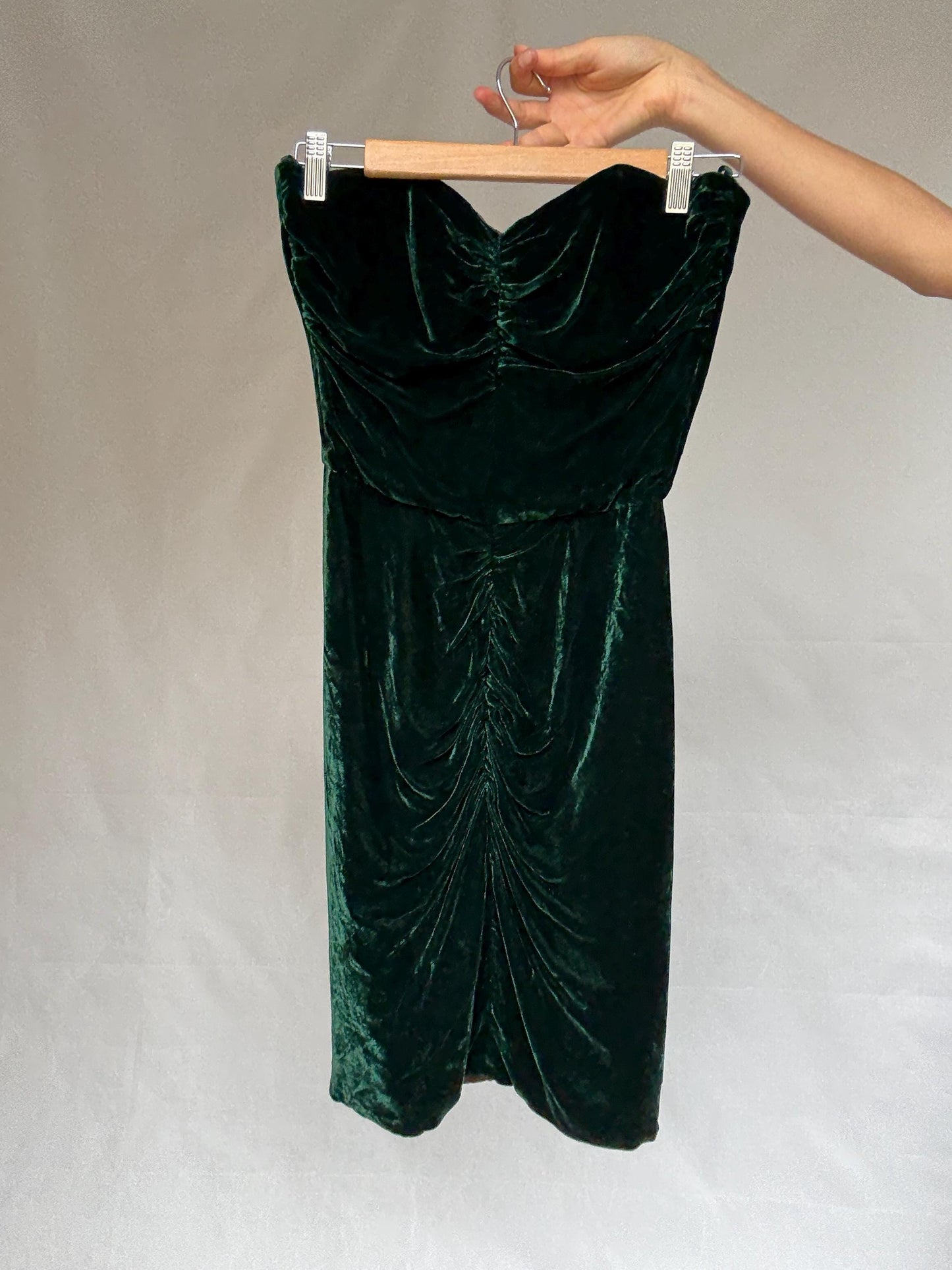 Velvet silk Christina Stawboliey deep green dress, bustier body, hourglass silhouette, XS