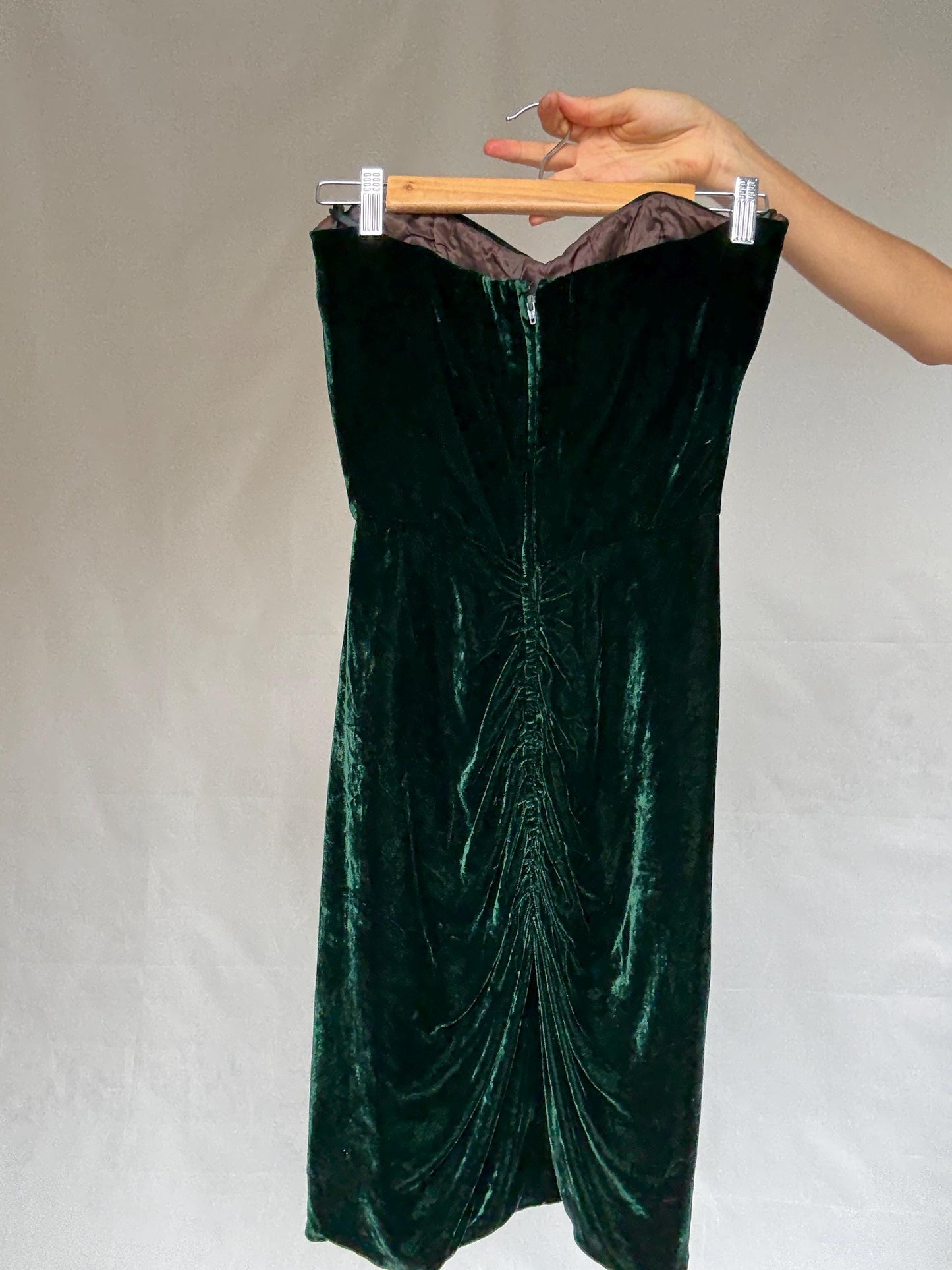 Velvet silk Christina Stawboliey deep green dress, bustier body, hourglass silhouette, XS