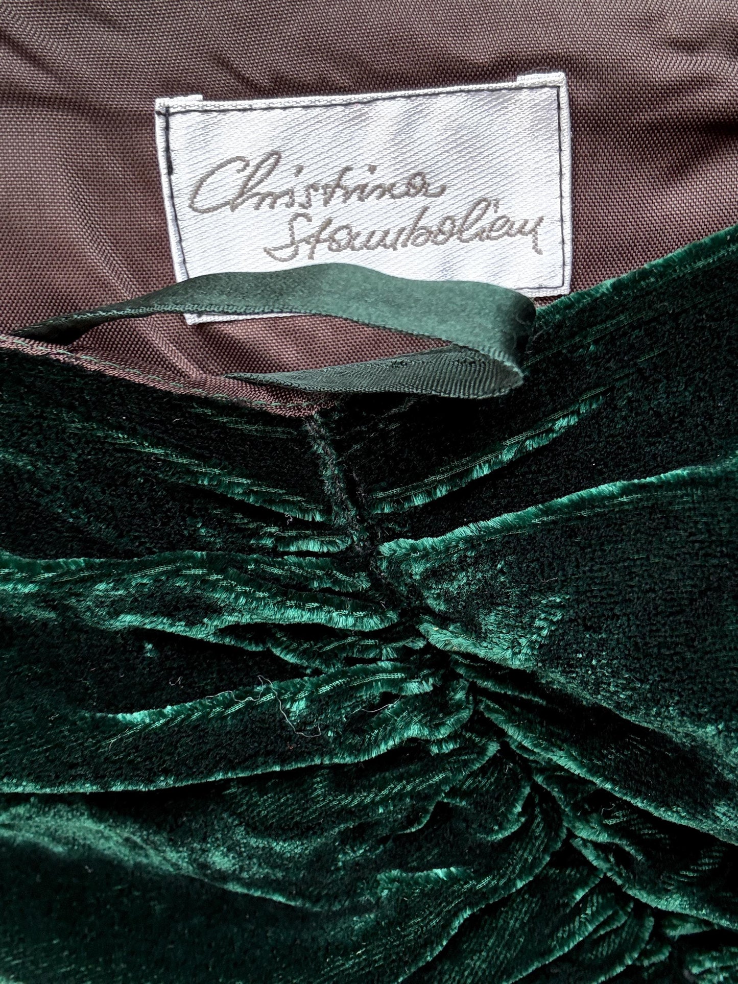 Velvet silk Christina Stawboliey deep green dress, bustier body, hourglass silhouette, XS