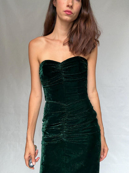 Velvet silk Christina Stawboliey deep green dress, bustier body, hourglass silhouette, XS