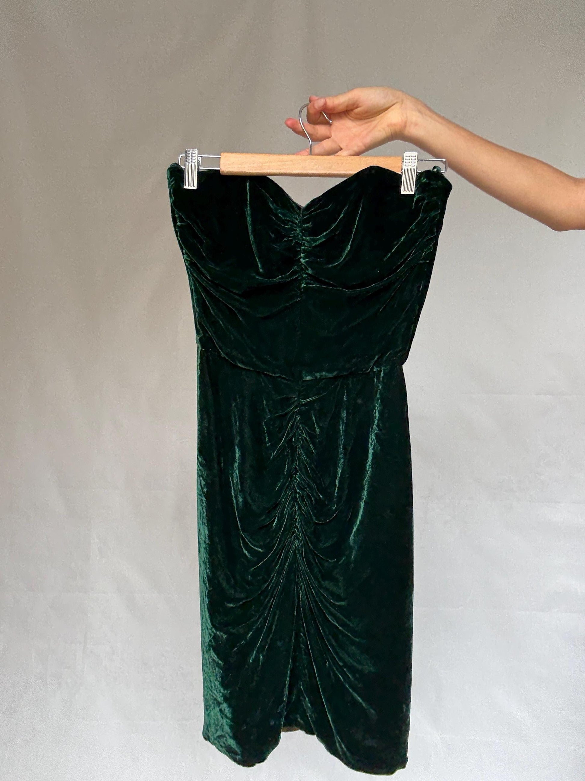 Velvet silk Christina Stawboliey deep green dress, bustier body, hourglass silhouette, XS