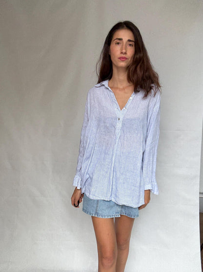 Striped Linen Blouse With Mother Of Pearl Buttons — fabric close-up