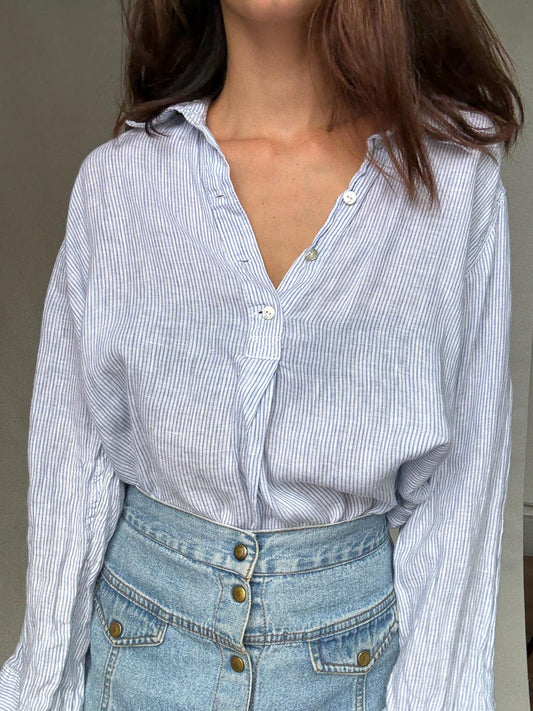 Blue and white striped blouse, 100% linen relaxed fit shirt with mother of pearl buttons, minimalist, US L, versatile casual