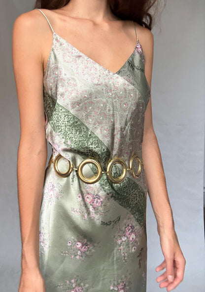 Vintage green and pink satin slip dress, floral paisley pattern,US M