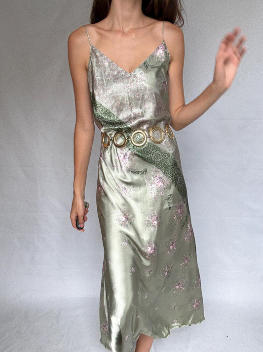 Vintage green and pink satin slip dress, floral paisley pattern,US M