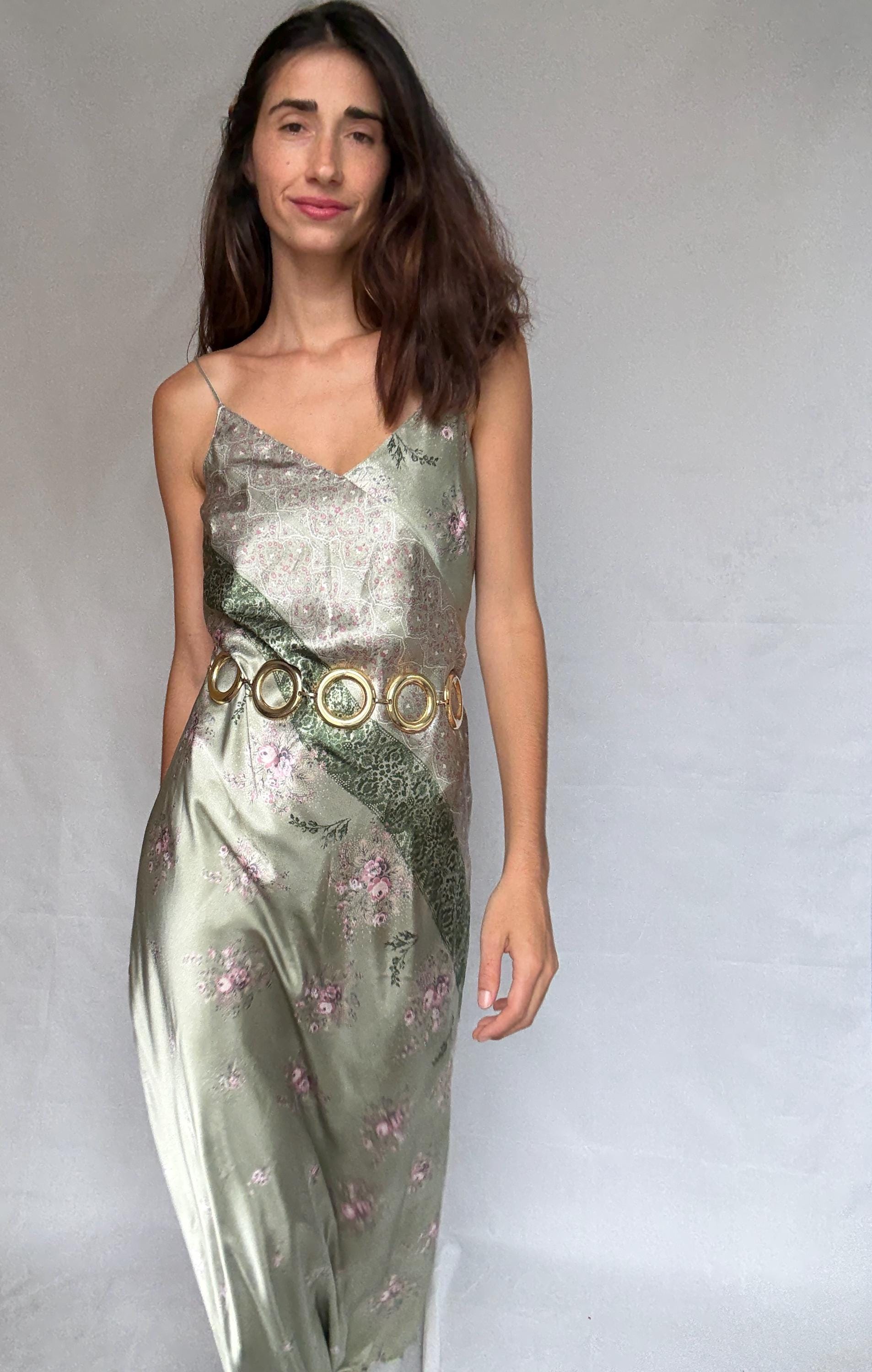 Vintage green and pink satin slip dress, floral paisley pattern,US M