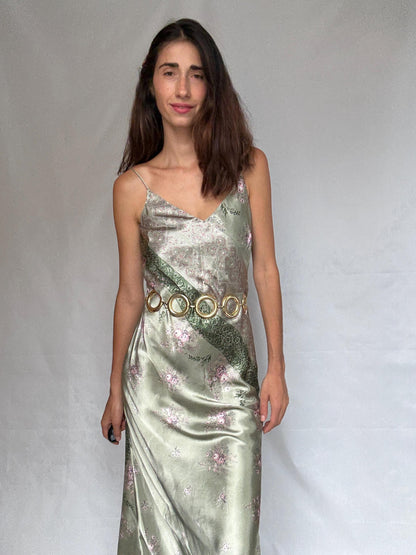 Vintage green and pink satin slip dress, floral paisley pattern,US M