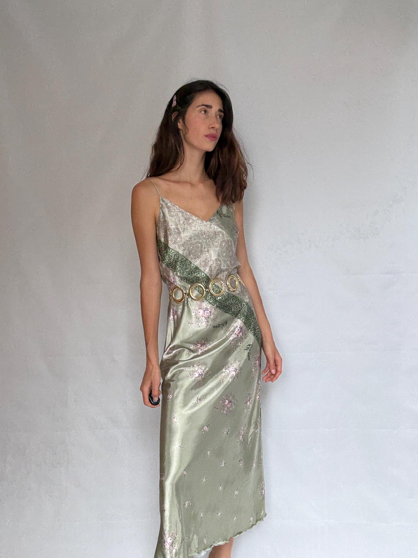 Vintage green and pink satin slip dress, floral paisley pattern,US M