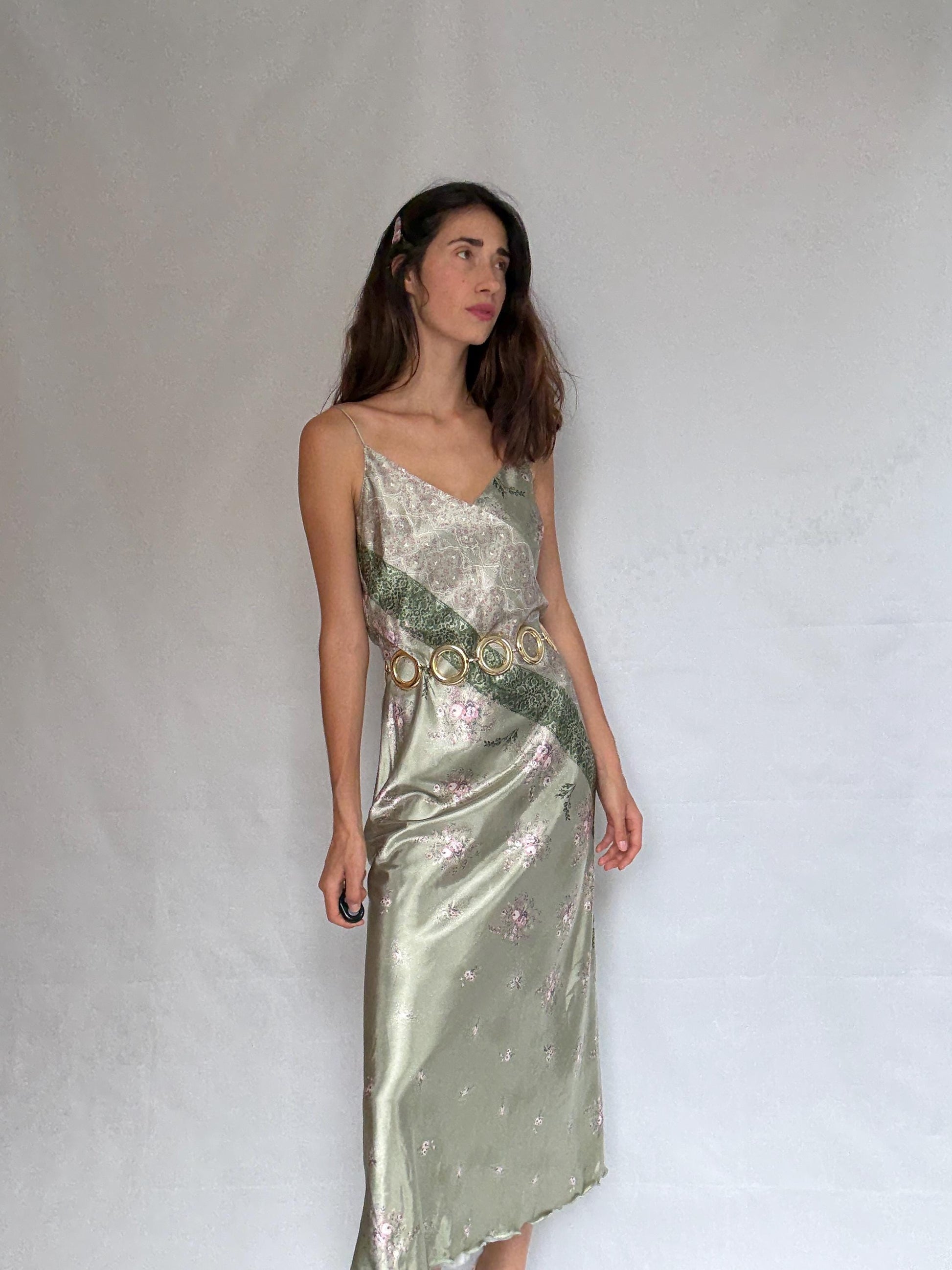 Vintage green and pink satin slip dress, floral paisley pattern,US M