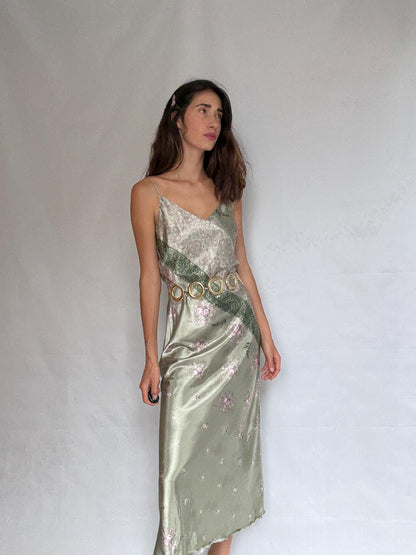 Vintage green and pink satin slip dress, floral paisley pattern,US M