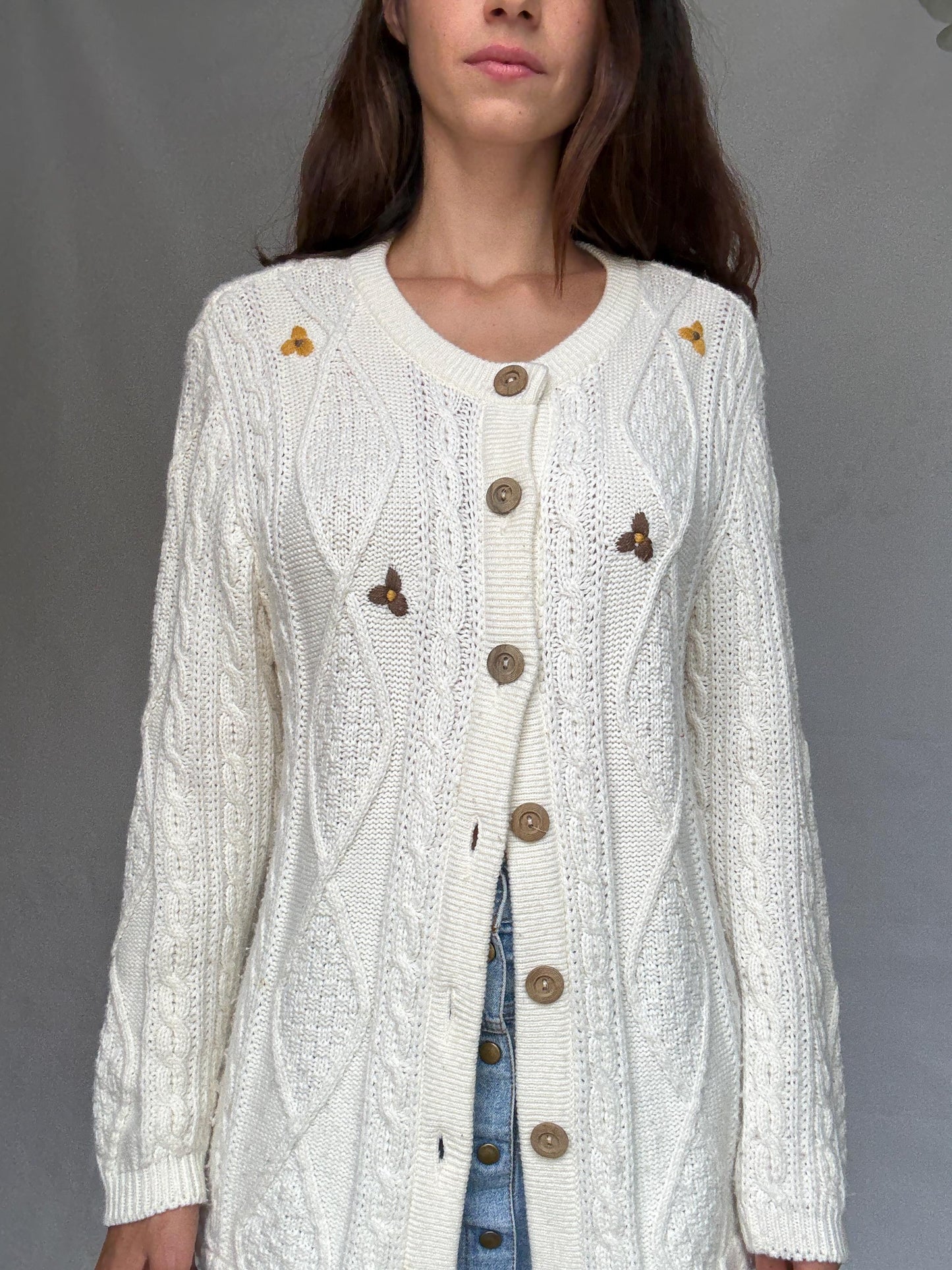 Vintage white cardigan with floral embroidery, Wool blend jumper, Cottagecore inspired Zooey Deschanel, US XL, cozy winter layering
