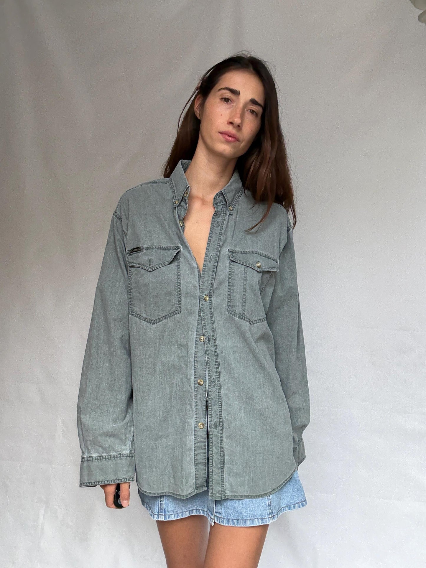 Vintage Columbia light gray denim shirt, Cotton relaxed fit button up shirt, Size US XL