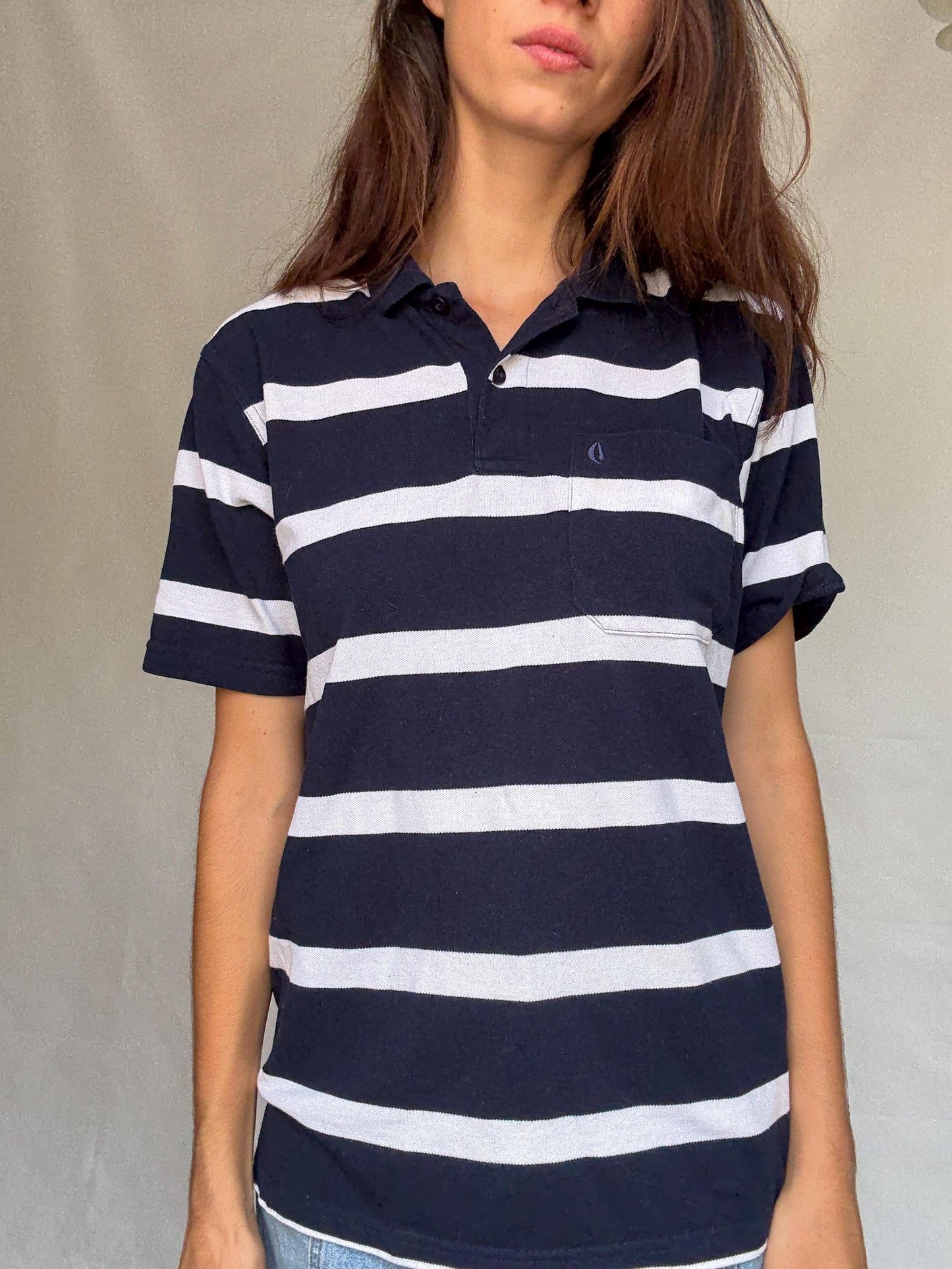 Heropo vintage dark blue and white striped polo shirt, 100% cotton, relaxed fit, classic collar, nautical retro 80s, US L, casual wardrobe