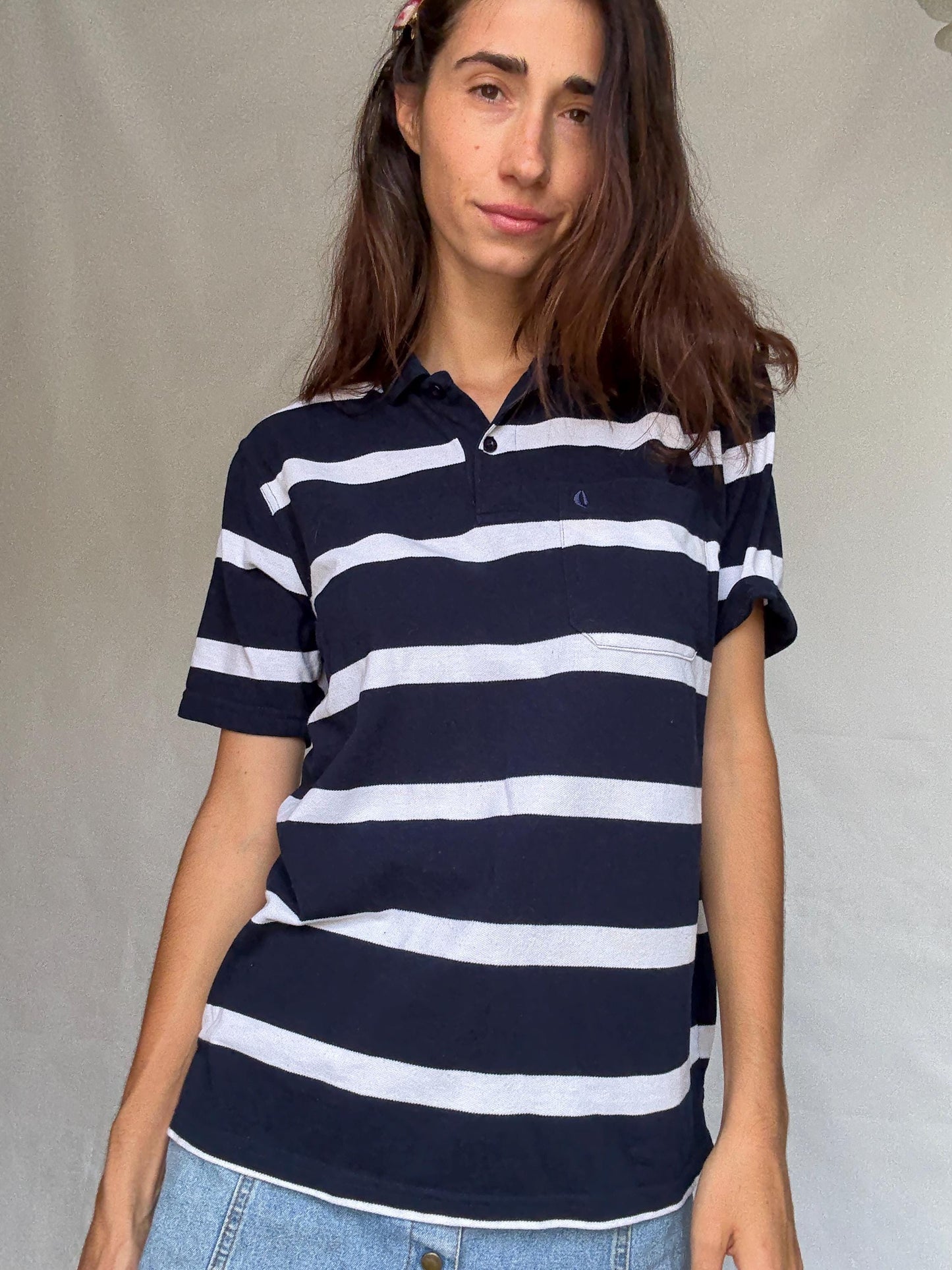 Heropo vintage dark blue and white striped polo shirt, 100% cotton, relaxed fit, classic collar, nautical retro 80s, US L, casual wardrobe