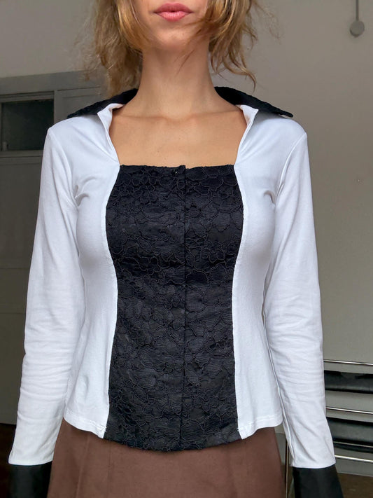 Vintage Nara Camicie Italy Romantic Lace Shirt – Black & White Corset Style Blouse – 90s Luxury Vibe – Worn Like Bella Hadid
