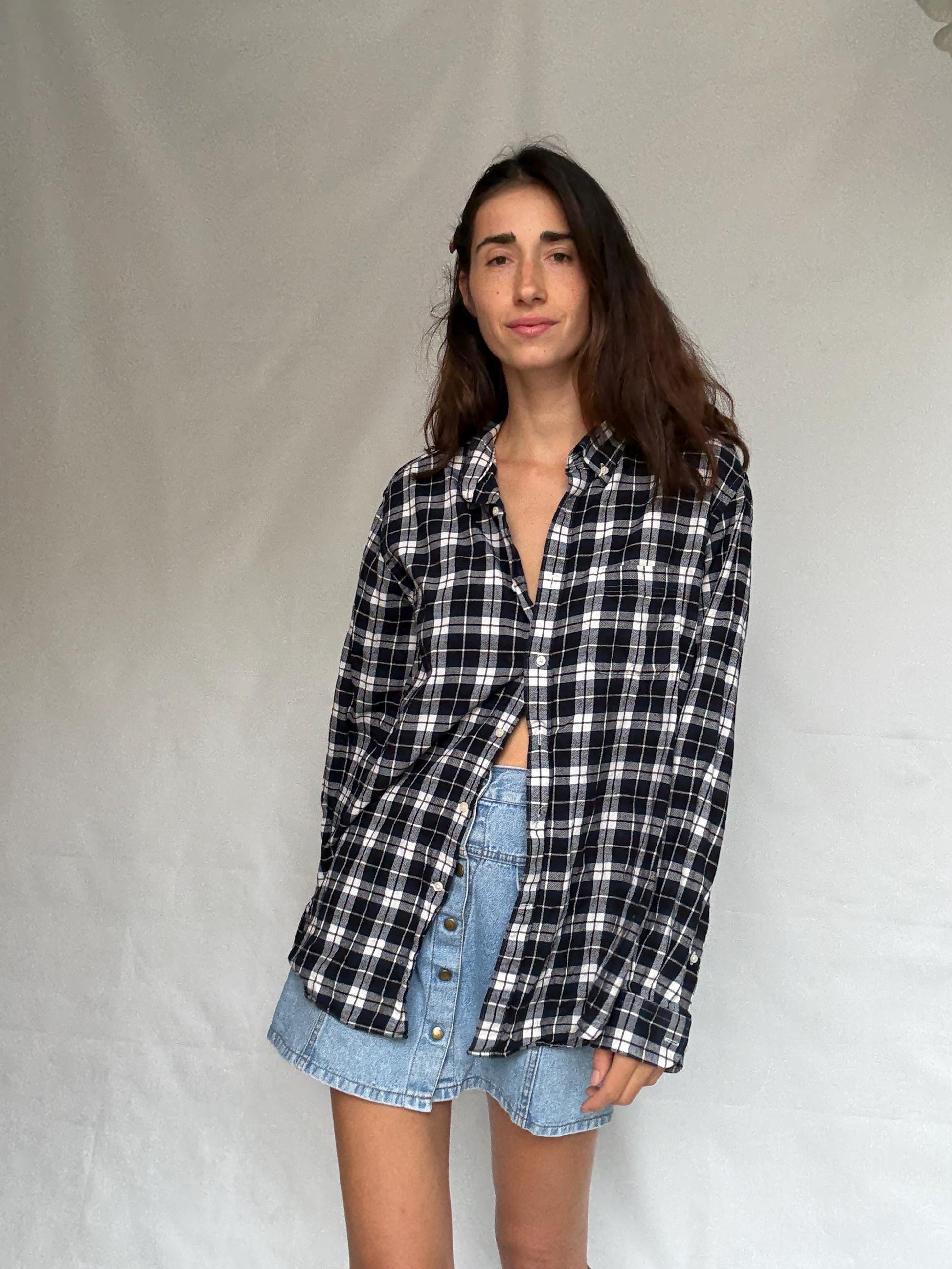 Emidio Tucci dark blue and white button up shirt, Autumn plaid pattern men's blouse, vintage Molly Ringwald vibe, US XL