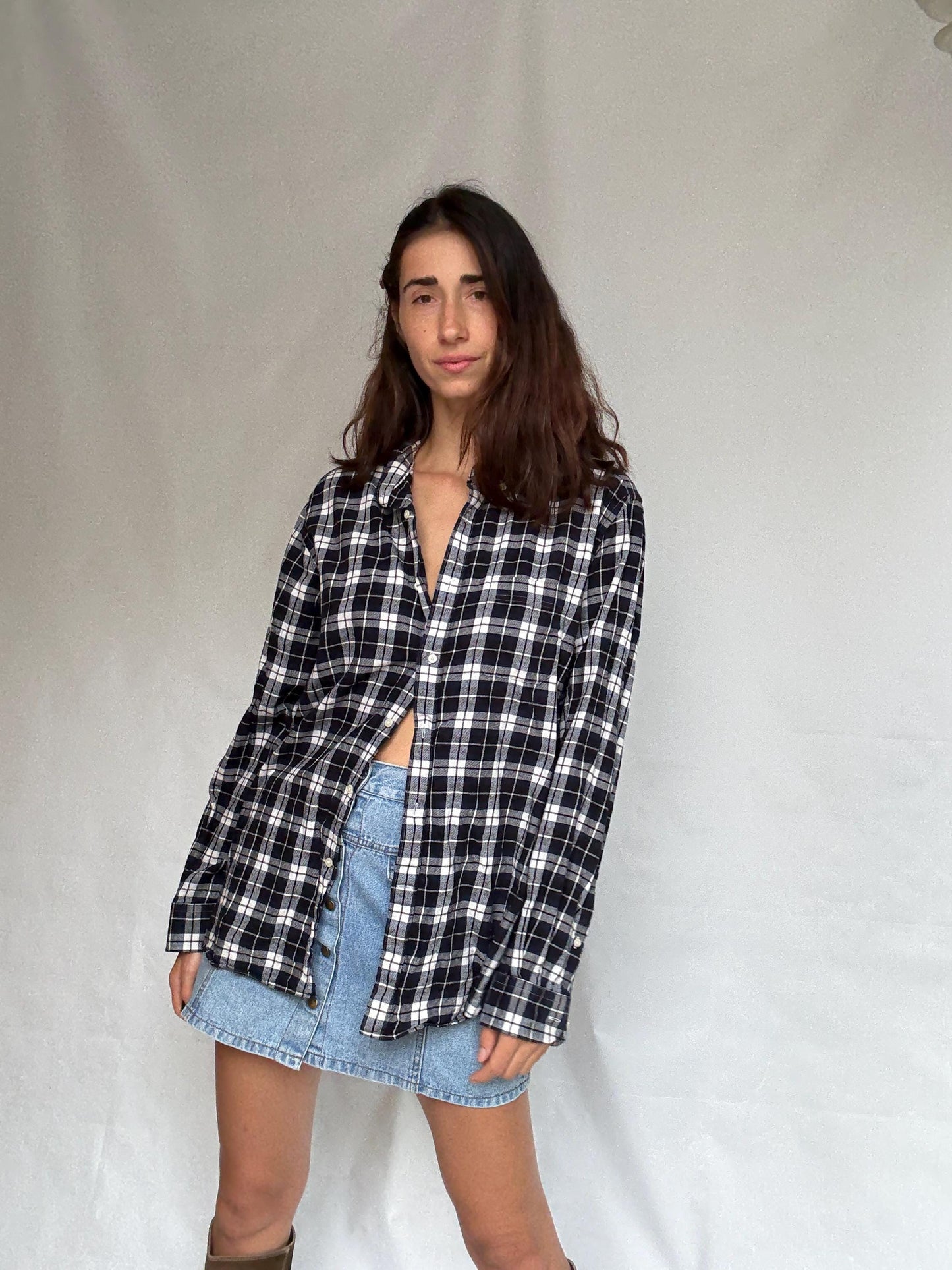 Emidio Tucci dark blue and white button up shirt, Autumn plaid pattern men's blouse, vintage Molly Ringwald vibe, US XL