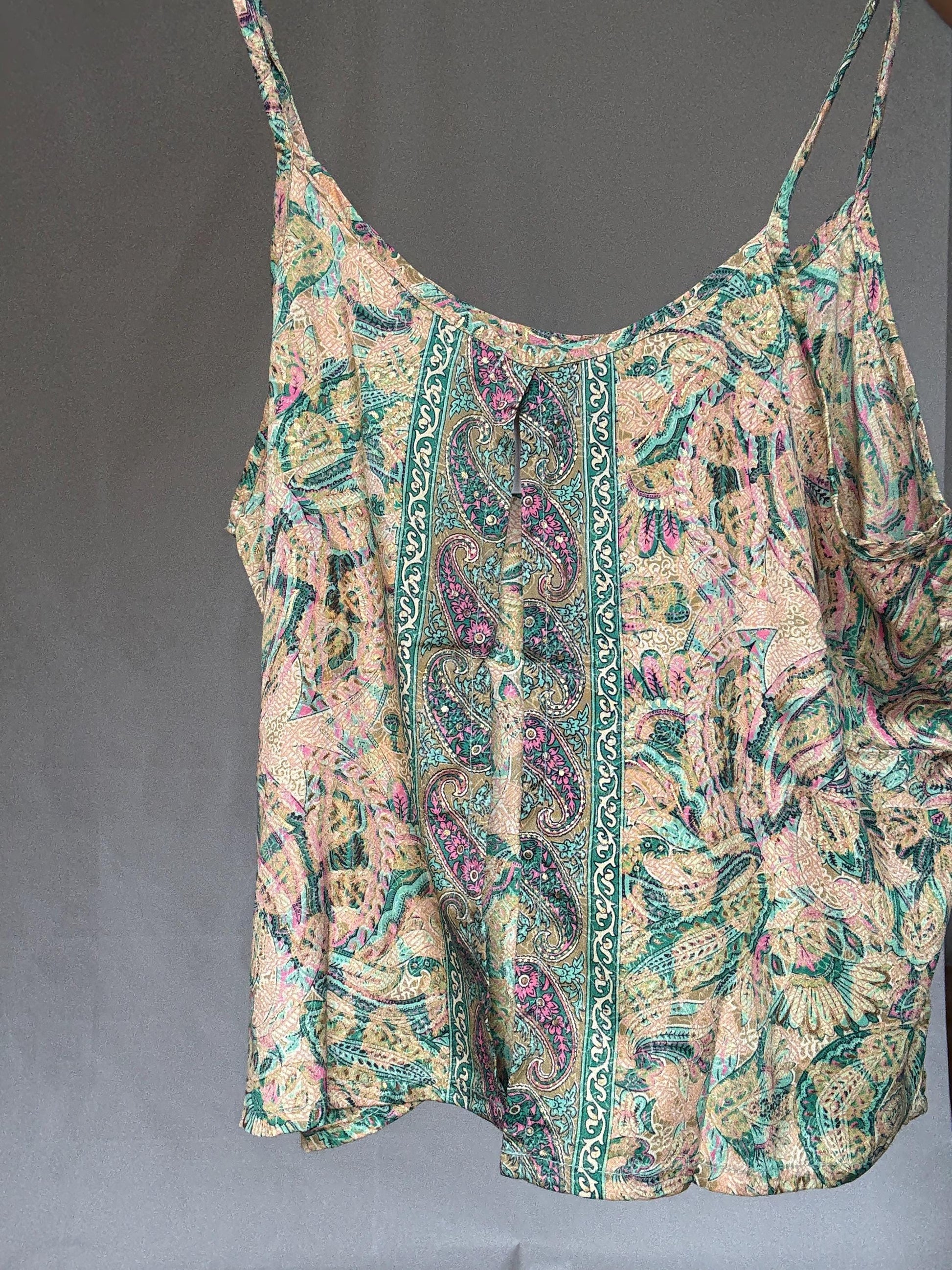 Silk boho camisole top, Paisley print flowy tank top, Spaghetti straps sexy cut open bohemian Sienna Miller aesthetic, US S, festival wear